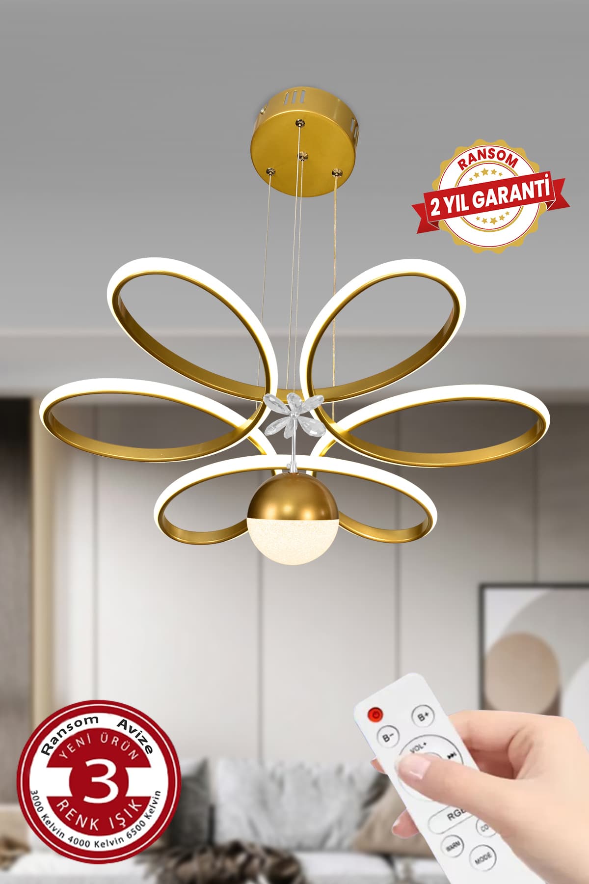 RANSOM 3 Renk Toplu Kelebekli Kumandalı Papatya Salon Led Avize Mat Gold Ledli Avize