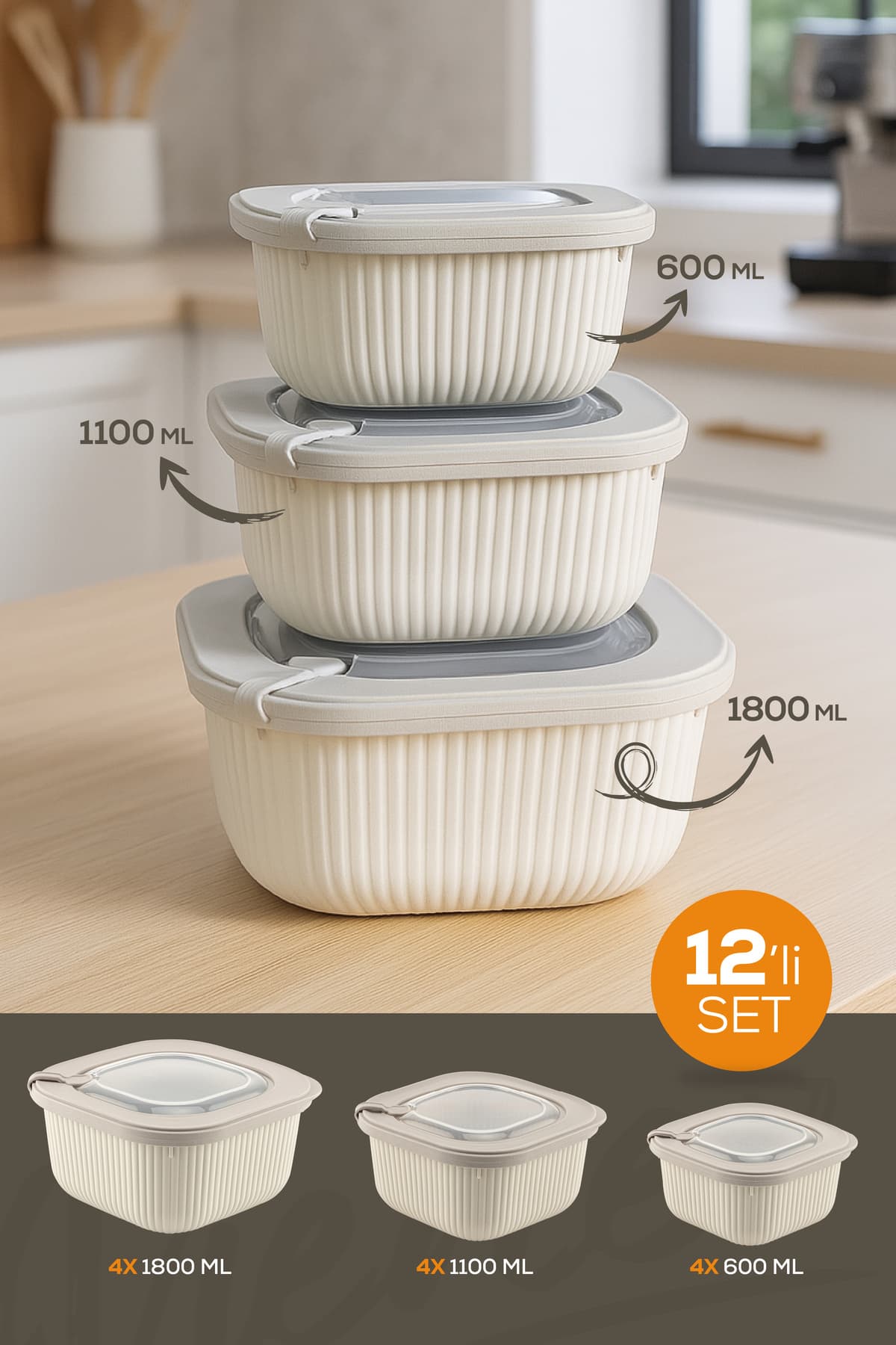 Vienev 12'li 4x(600-1100-1800 ML) Mikrodalga Ve Difrize Uygun Vip Kapaklı Özel Saklama Kabı Seti Bej