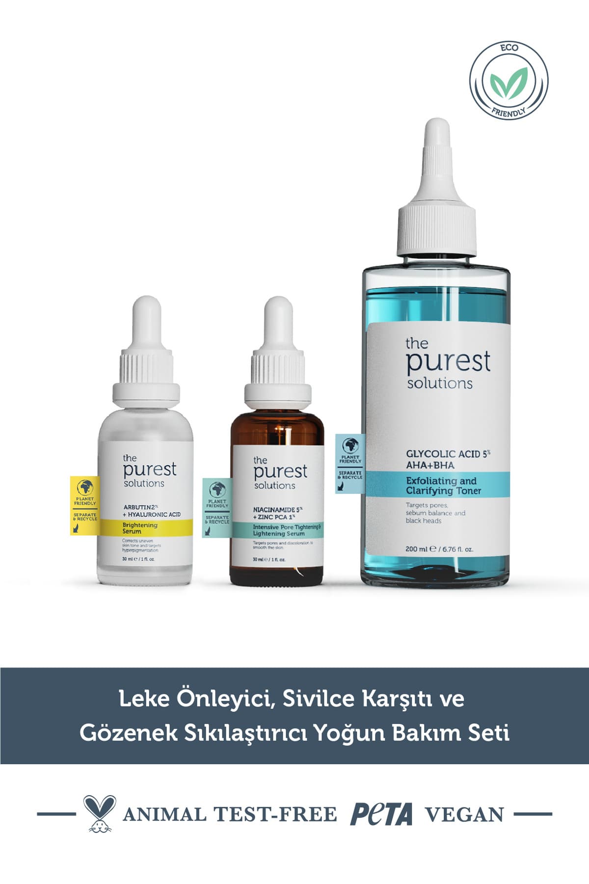 The Purest Solutions AHA + BHA, Niacinamide ve Glycolic Acid Tonik İçerikli Cilt Bakım Seti