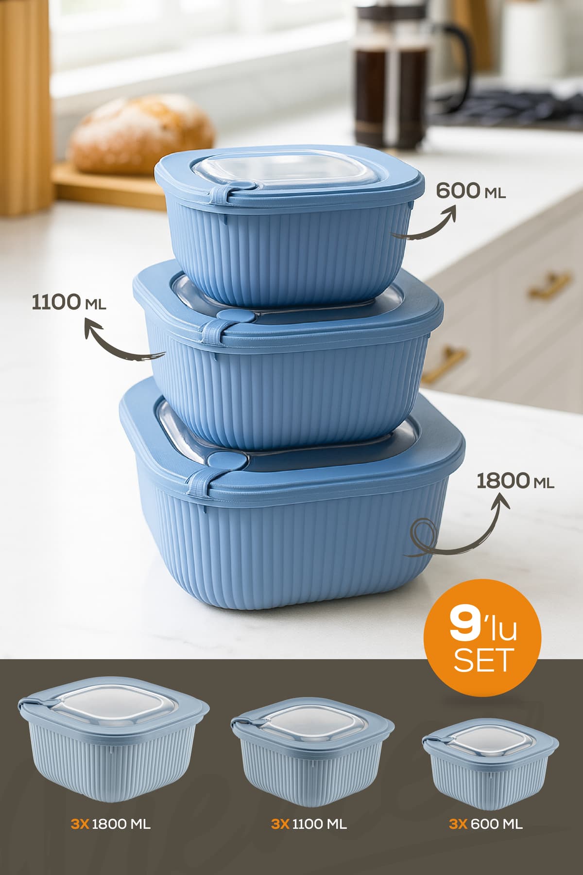 Vienev 9'lu 3x(600-1100-1800 ML) Mikrodalga Ve Difrize Uygun Vip Kapaklı Özel Saklama Kabı Seti Mavi