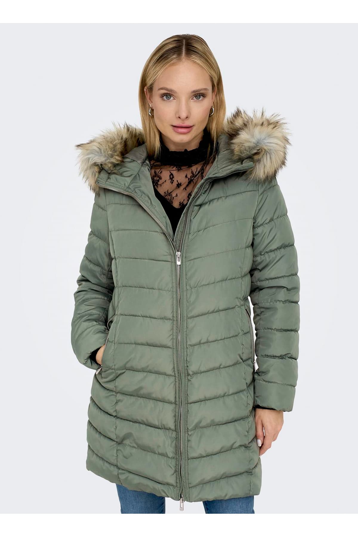 Only Açık Yeşil Kadın Kaban Onlellan Quılted Hood Fur Coat Cc O