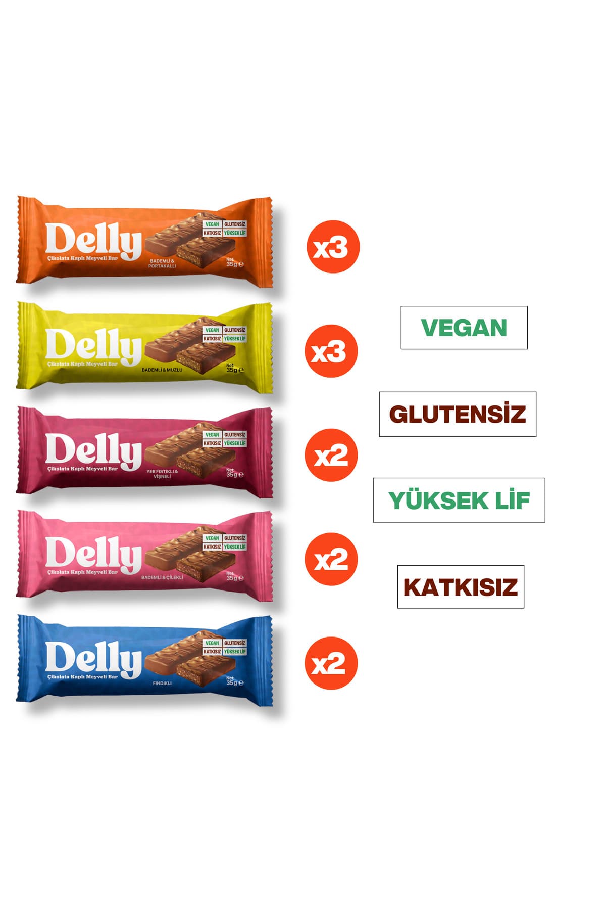 Delly 12 Adet Çikolata Kaplı - Vegan Meyveli Bar - Karışık Kutu 35G