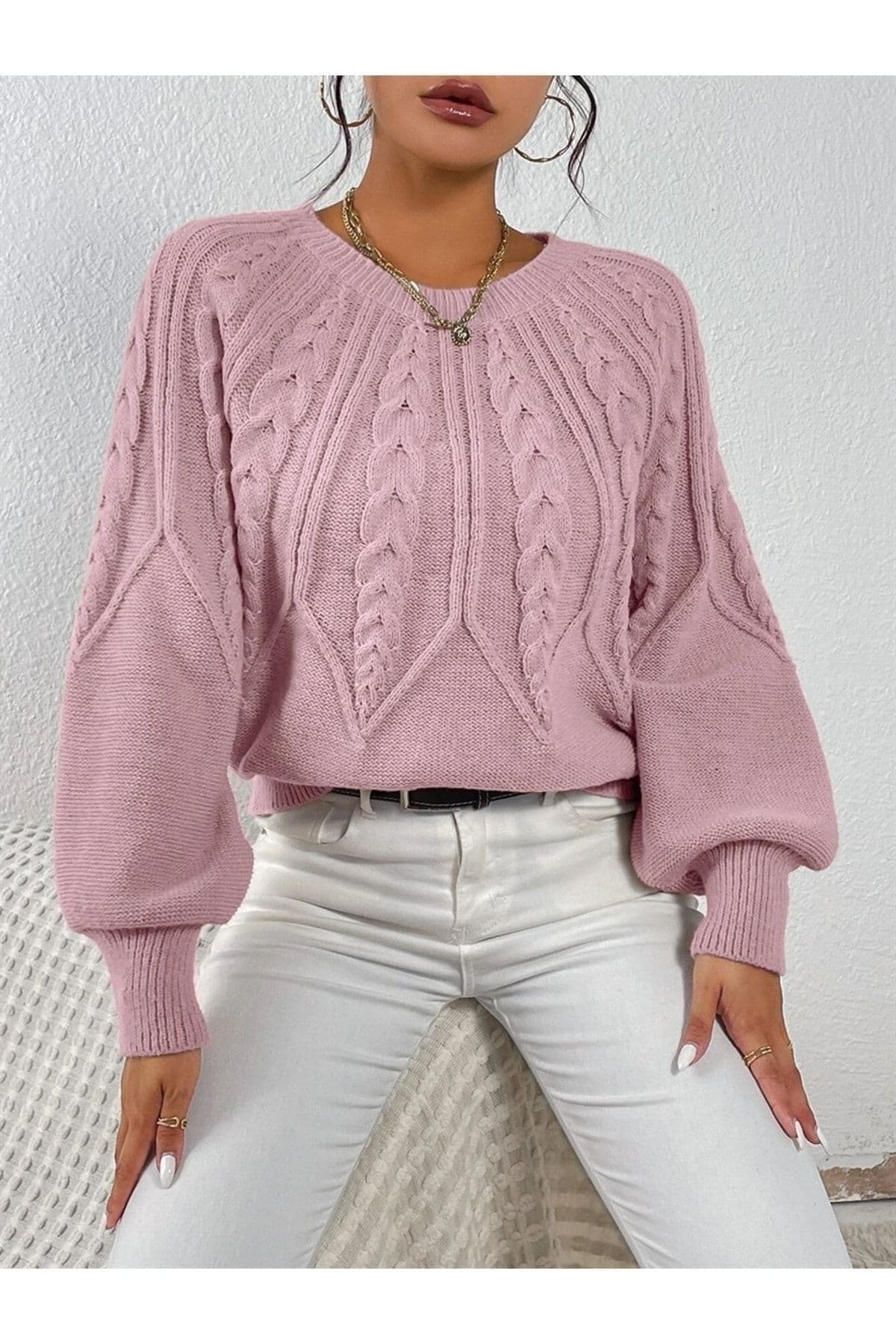 AQE FASHION Saç Örgülü Bisiklet Yaka Italyan Kol Triko Pudra Kazak