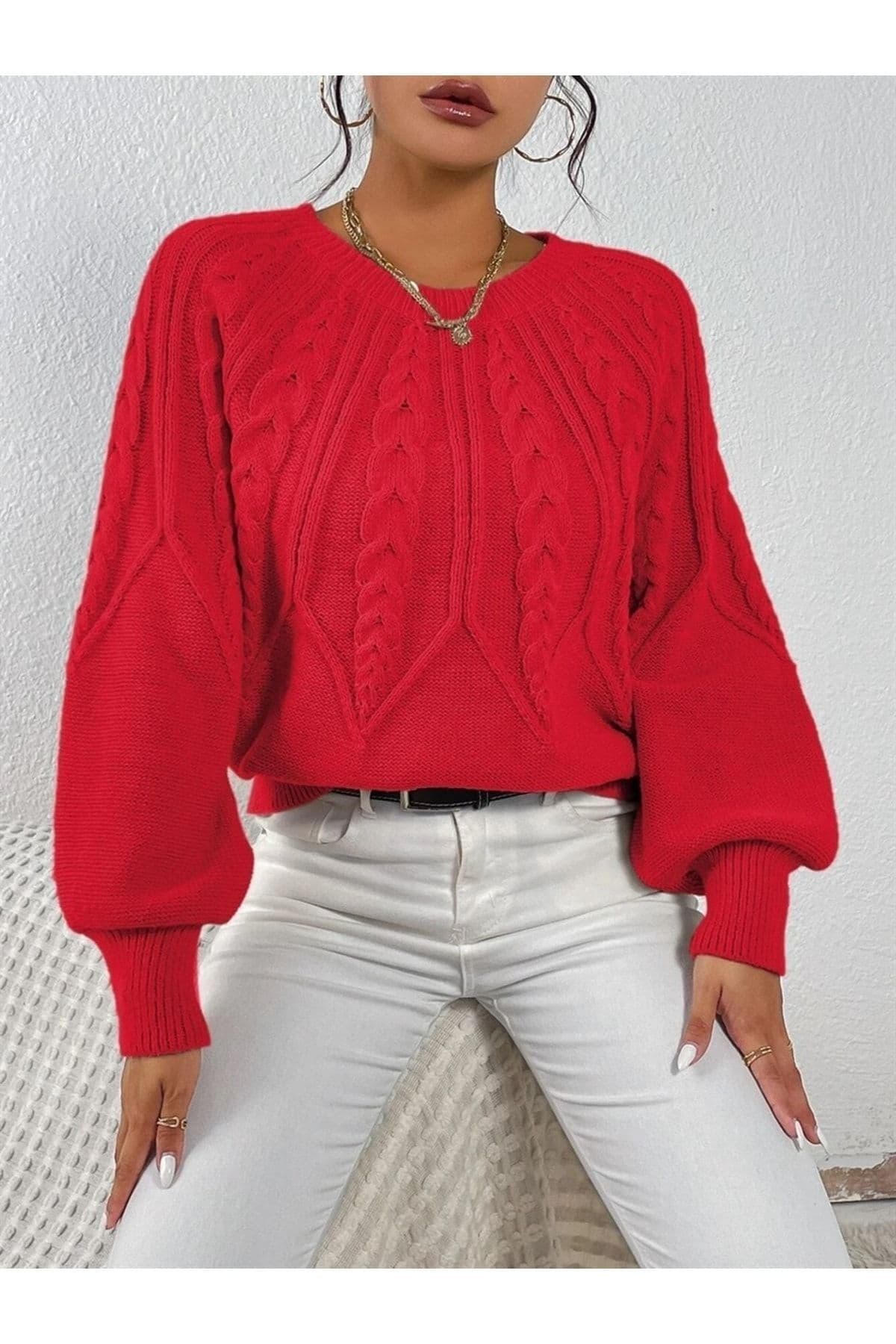 AQE FASHION Saç Örgülü Bisiklet Yaka Italyan Kol Triko Kırmızı Kazak