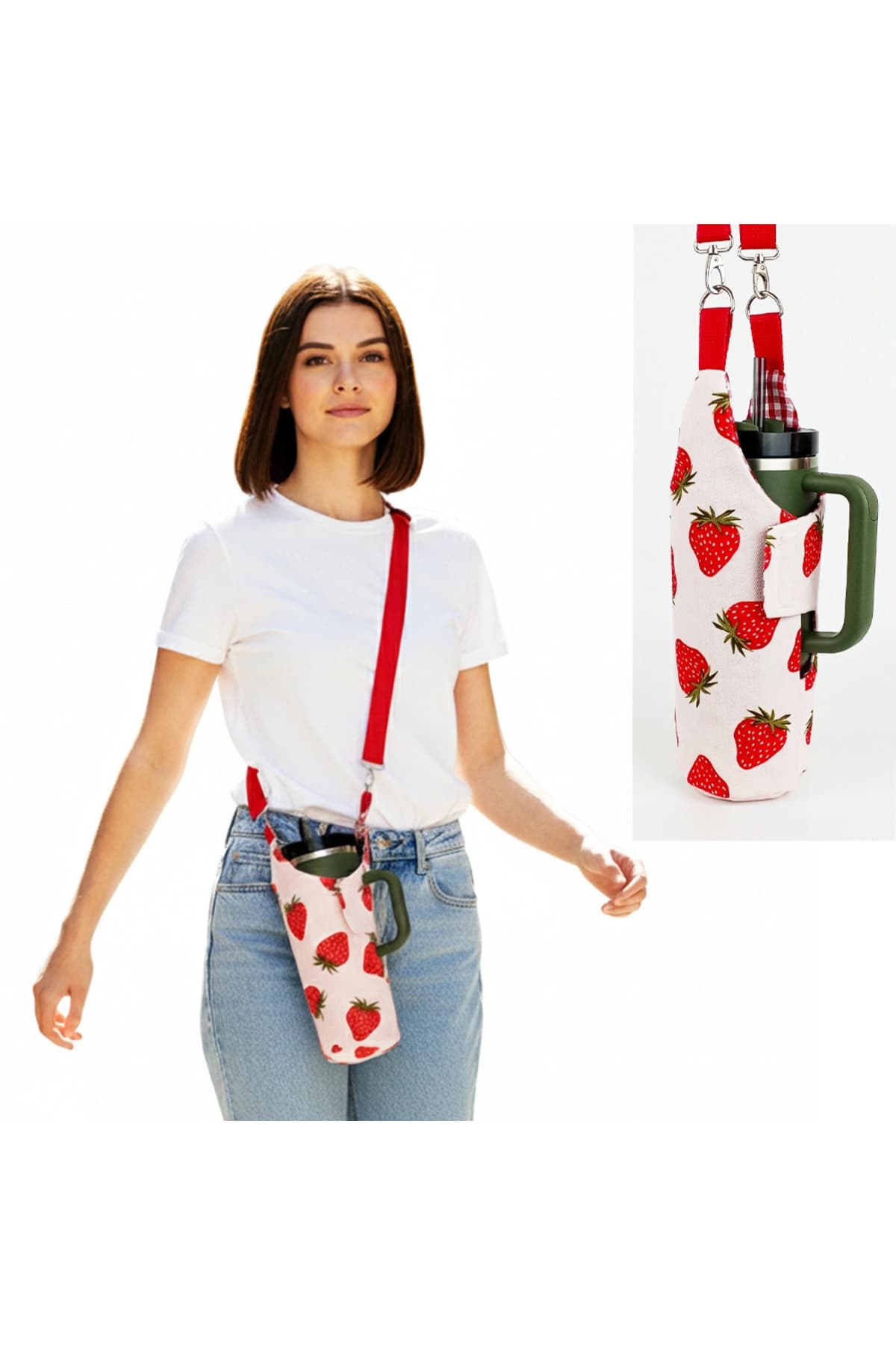 woodycord El Yapımı Çilek Matara Termos Kılıfı Kulplu Model Quencher Pipetli 1,18
