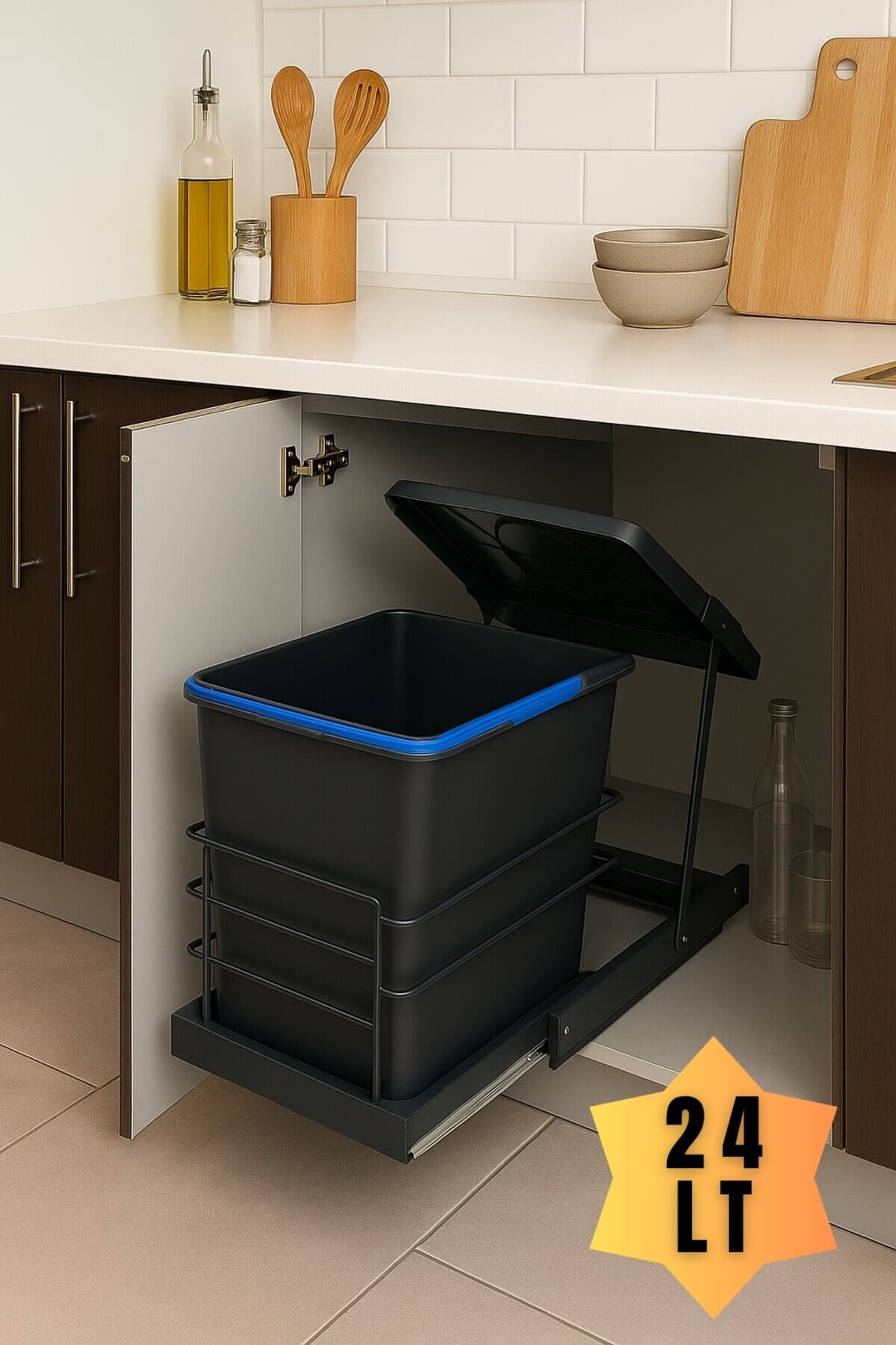 almital mobilya aksesuarları furniture accessories Cassone 24 litre Dolap içi Teleskopik Raylı ANTRASİT Çöp Kovası, minimum kapak genişliği 40 cm