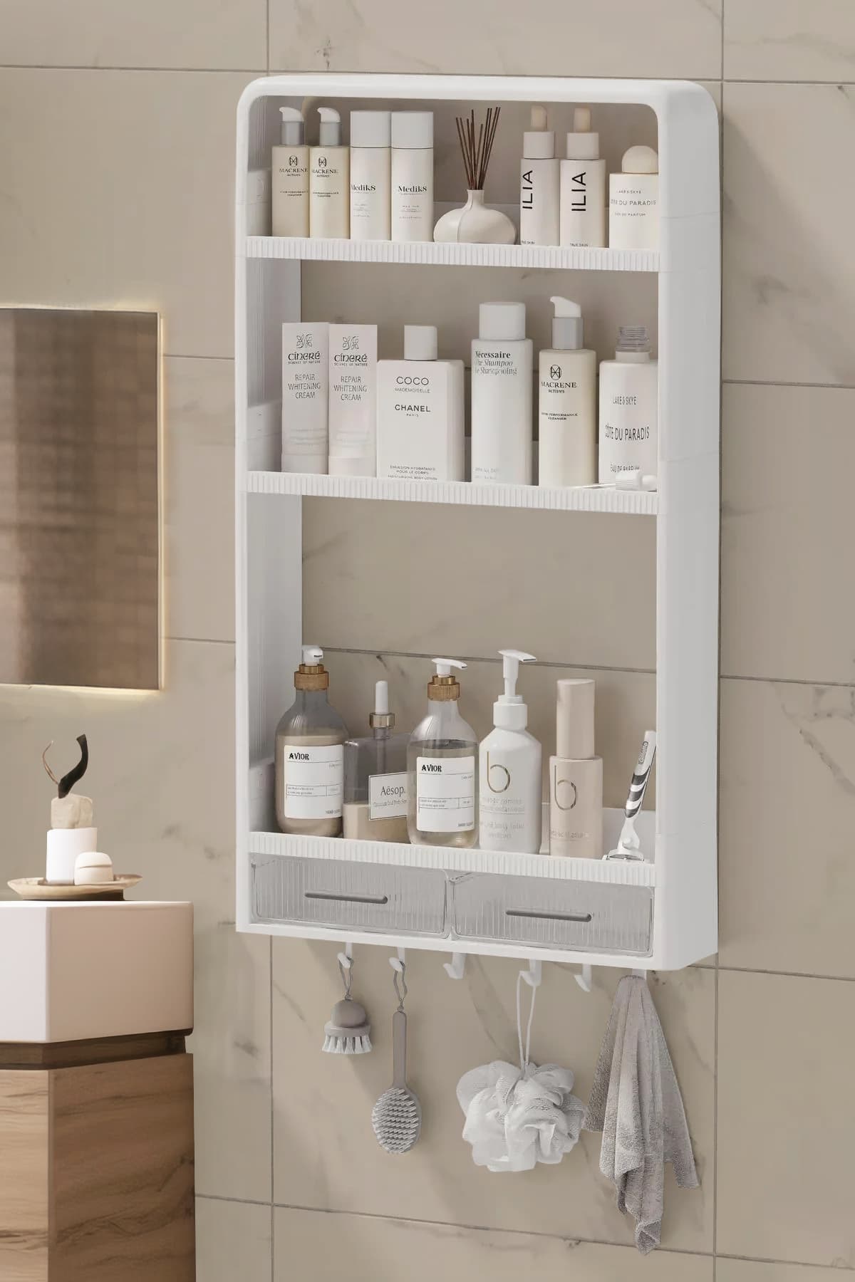 Trend Maison Premium Yapışkanlı Duvar Rafı Banyo Mutfak Havluluk Şeffaf Organizer Çekmeceli Duş Rafı Delme Yok