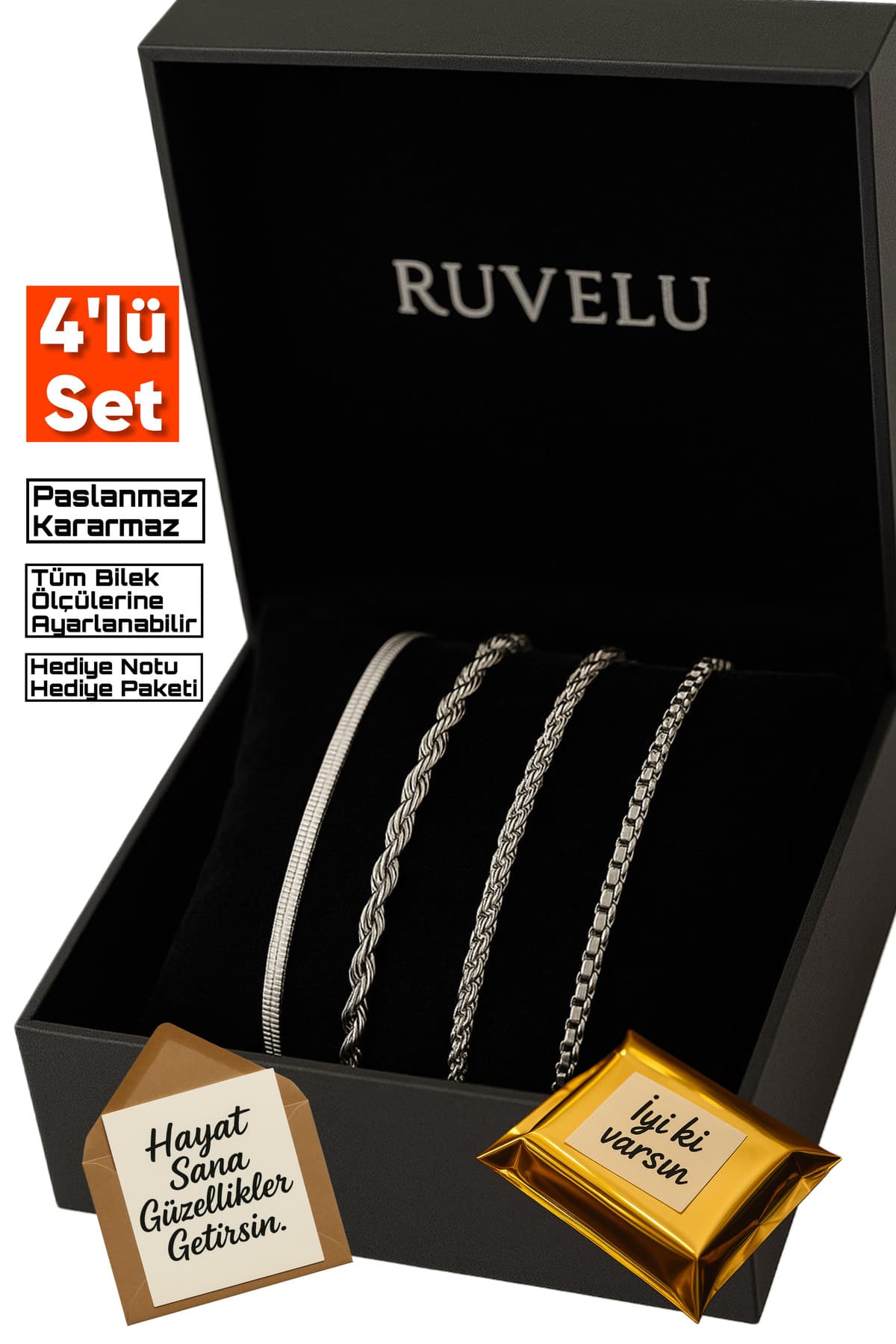 ruvelu 4’lü Yüksek Kalite Paslanmaz Kararmaz Çelik Bileklik Seti - Unisex - Hediye Notlu