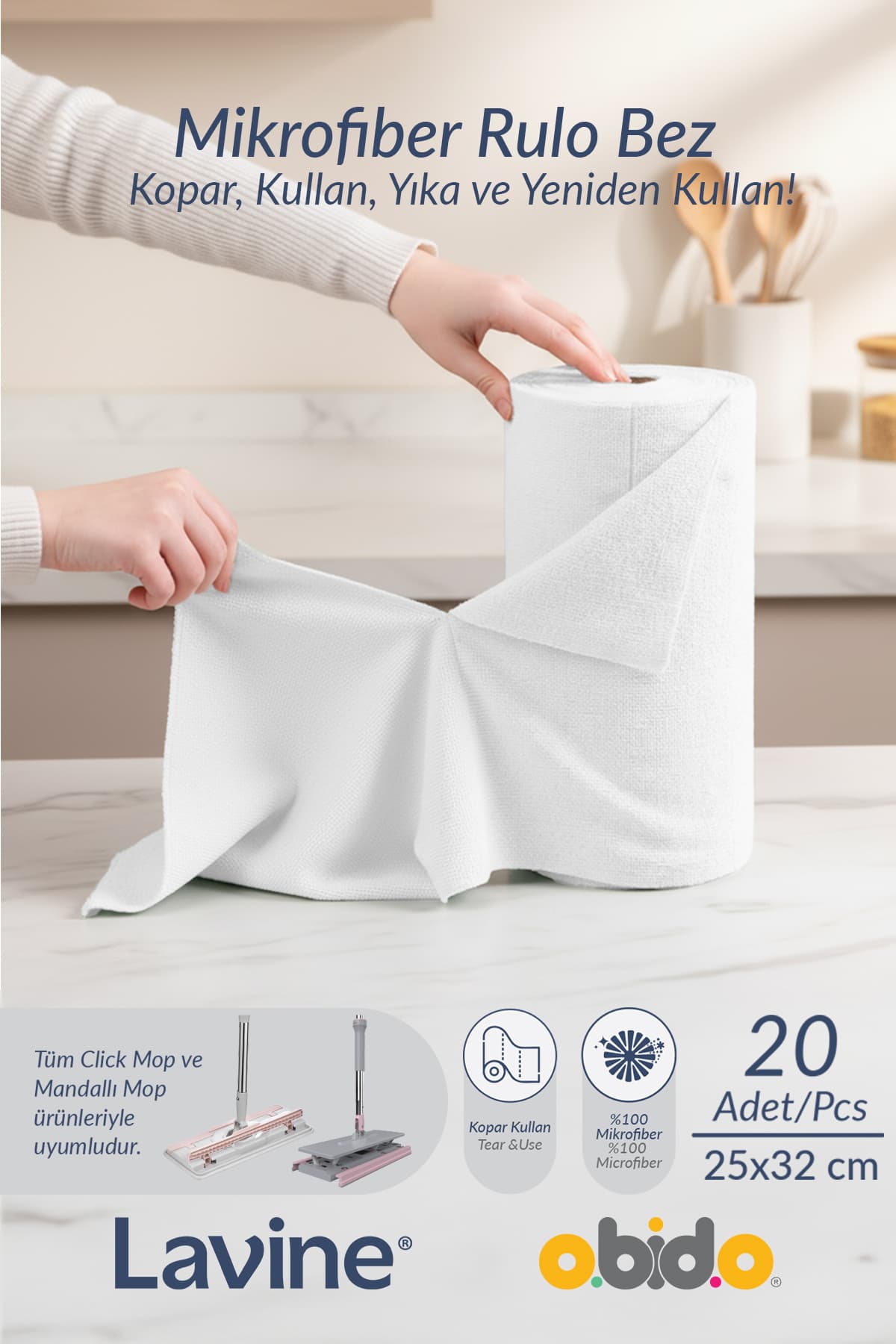 obido (20'li Rulo) Lavine Çok Amaçlı %100 Mikrofiber Temizlik Bezi "beyaz" 25x32 Büyük Ebat Kopart Kullan