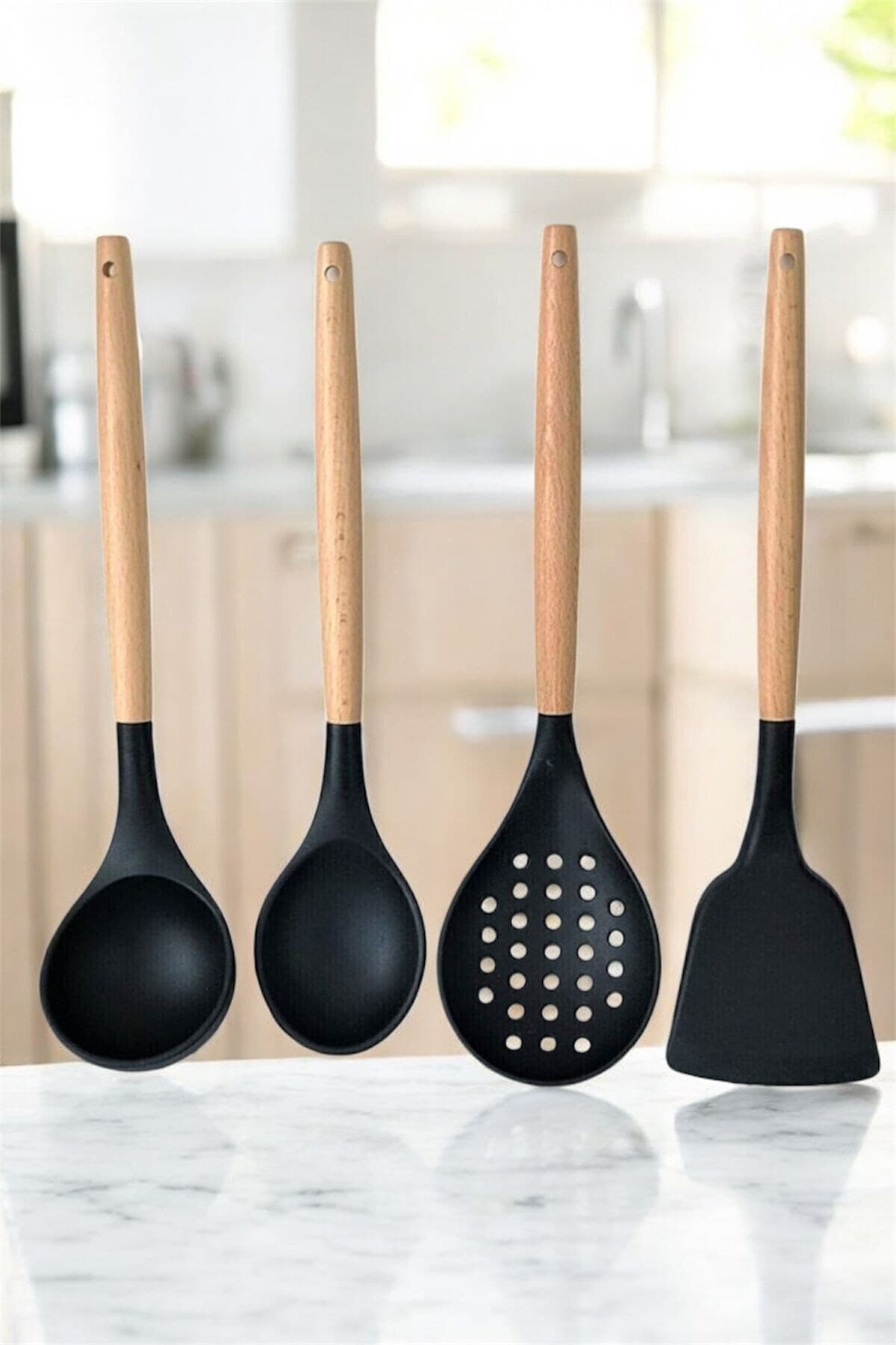 Reoona Silikon Bambu Saplı 4 Parça Mutfak Servis Seti (kepçe-kaşık-kevgir-spatula) SYH