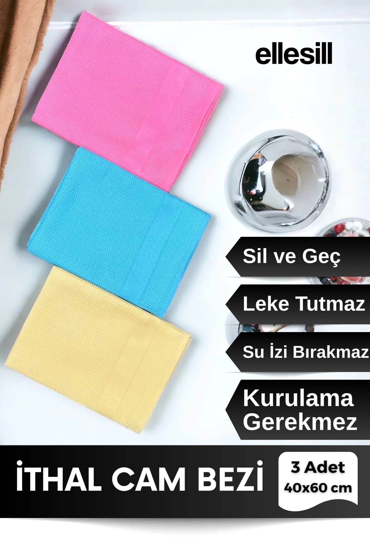 Ellesill İthal 3’lü Cam Bezi, Temizlik Bezi, Kurulama Bezi, Mikrofiber Bez - 40x60cm Renkli Bez