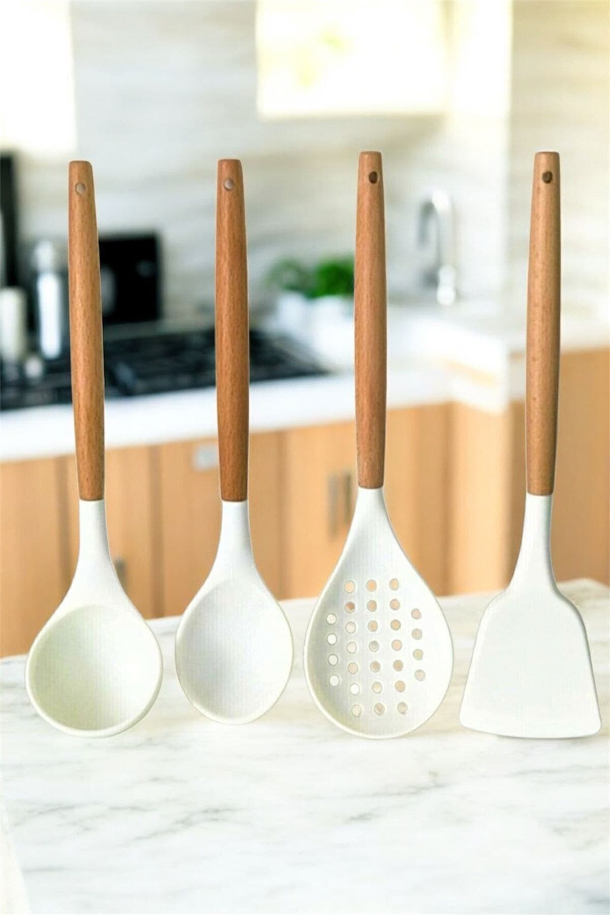 Reoona Silikon Bambu Saplı 4 Parça Mutfak Servis Seti Kremrengi (KEPÇE-KAŞIK-KEVGİR-SPATULA)
