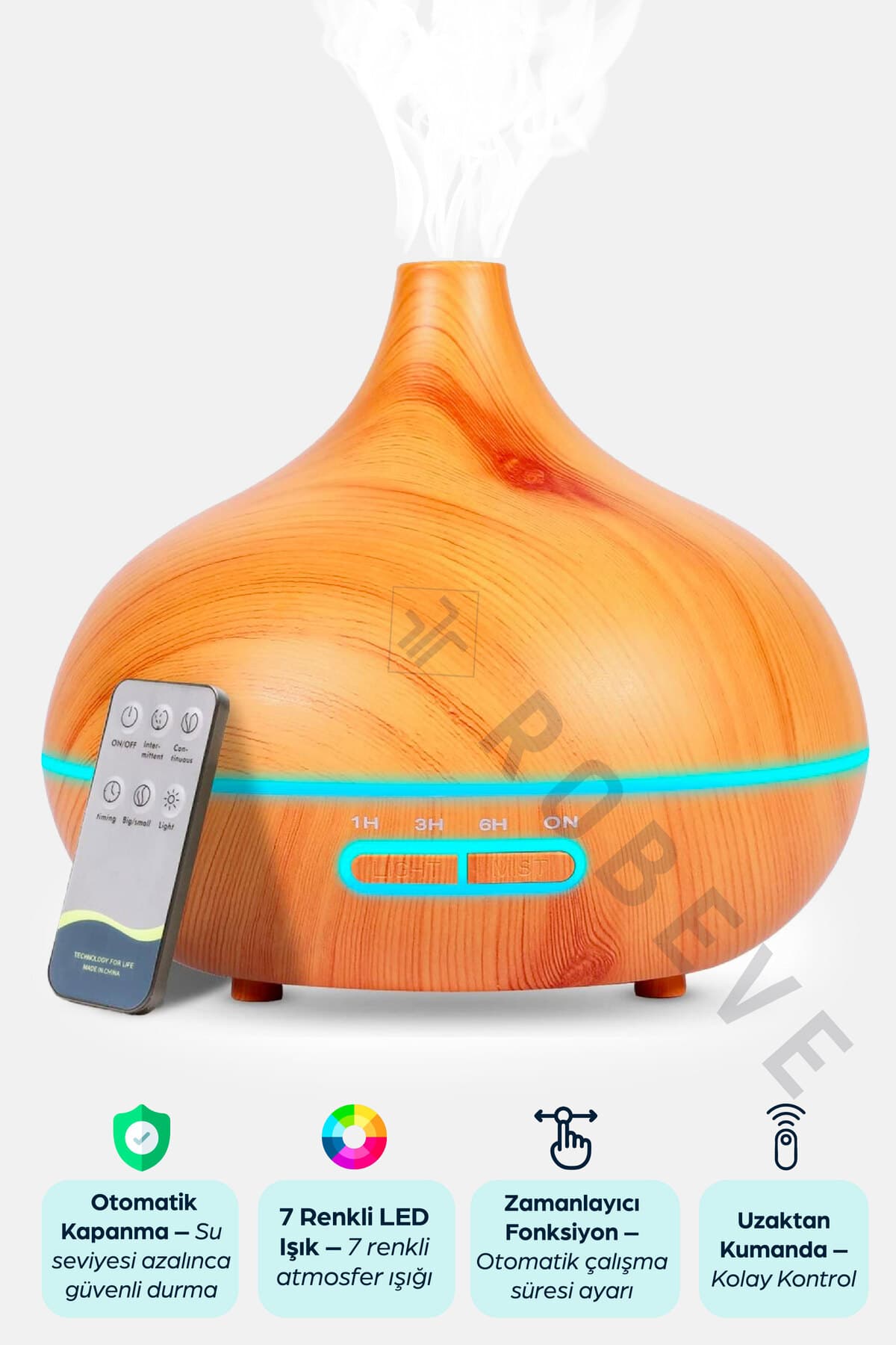 ROBEVE 550 ml Hava Nemlendirici Buhar Makinesi Ultrasonik Aroma Difüzör Oda Nemlendirici Işıklı Zamanlayıcı