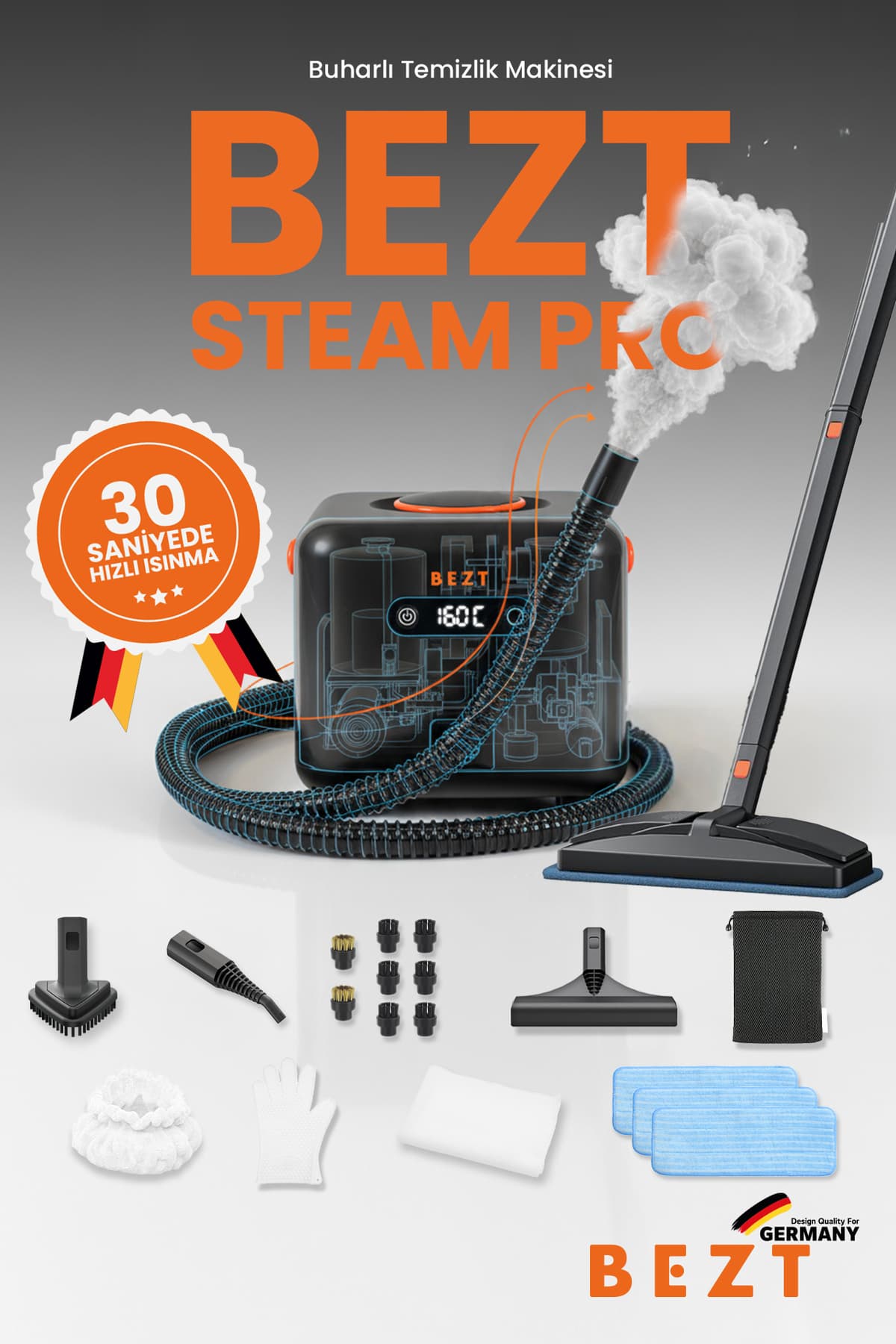 Bezt Steam Pro Buharlı Temizlik Makinesi 30 Saniyede Hızlı Isınma 4.5 Bar 1650 W