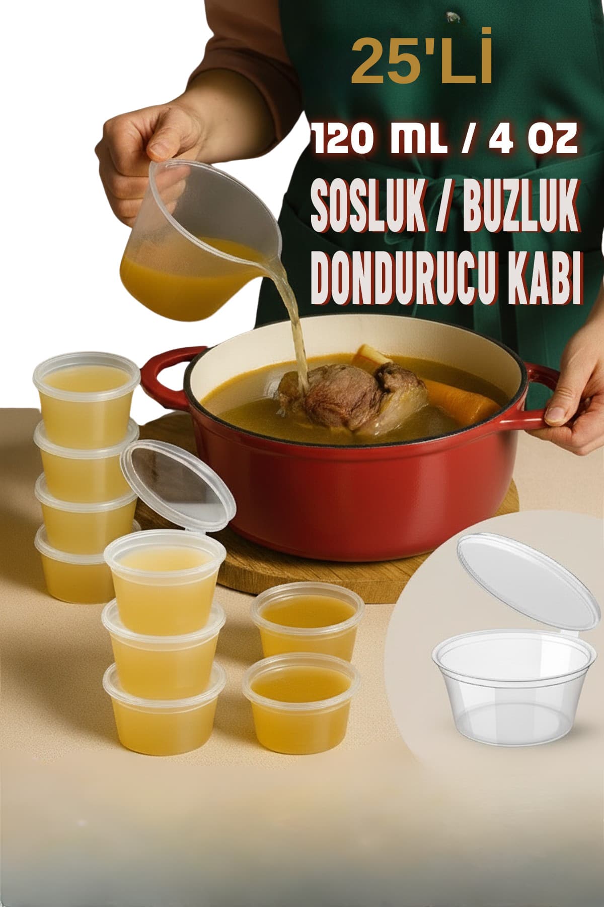 HB LİFE 25 Adet Sızdırmaz 120 ml Mini Saklama Kabı Sosluk Buzluk Kabı, Et Suyu, Kemik Suyu, Sos Kabı Mutfak