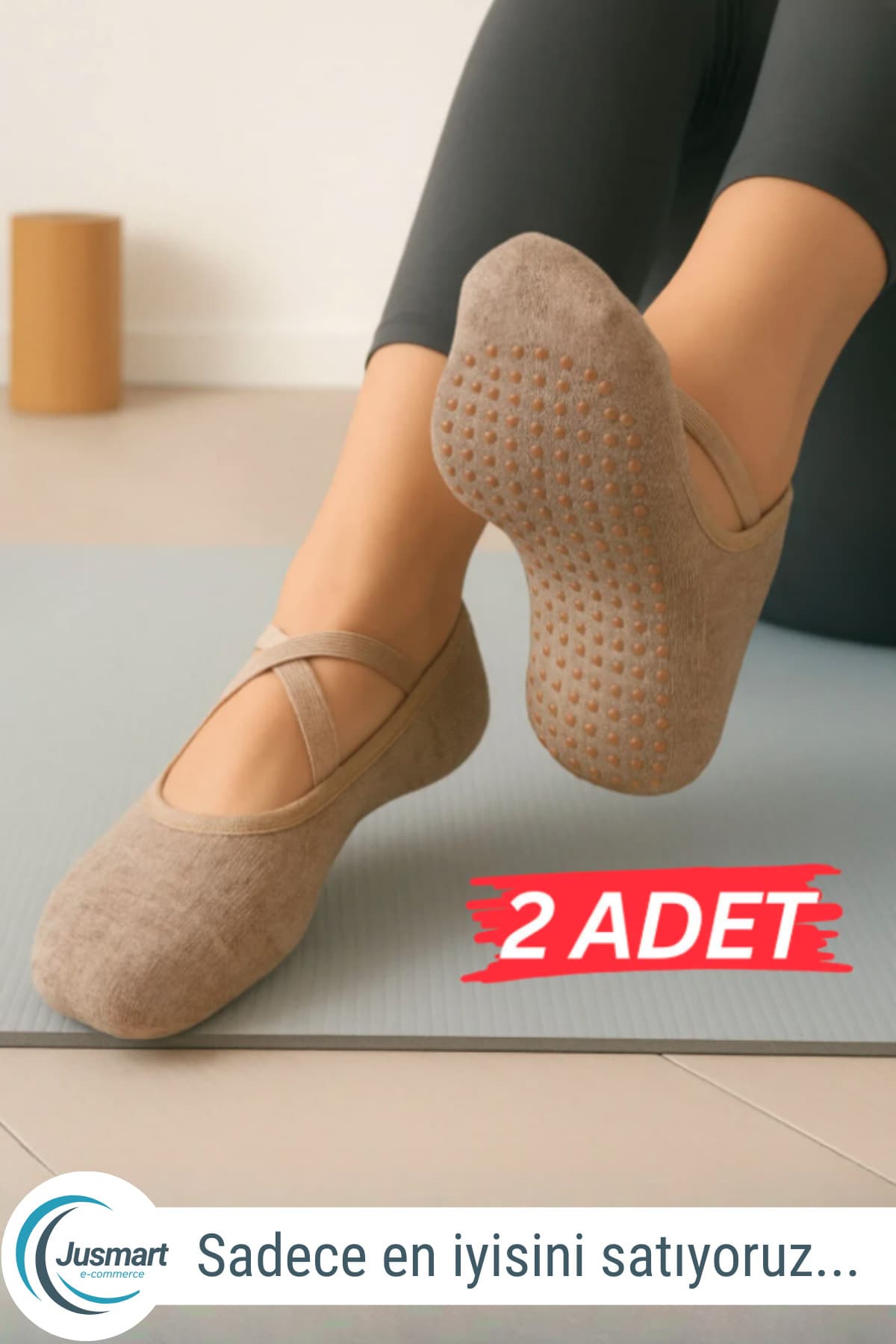 Jusmart 2 Adet Bej Kadın Babet Çorap ◆ Pamuklu Kaymaz Silikon Taban ◆ Yoga Pilates Tavaf Dans
