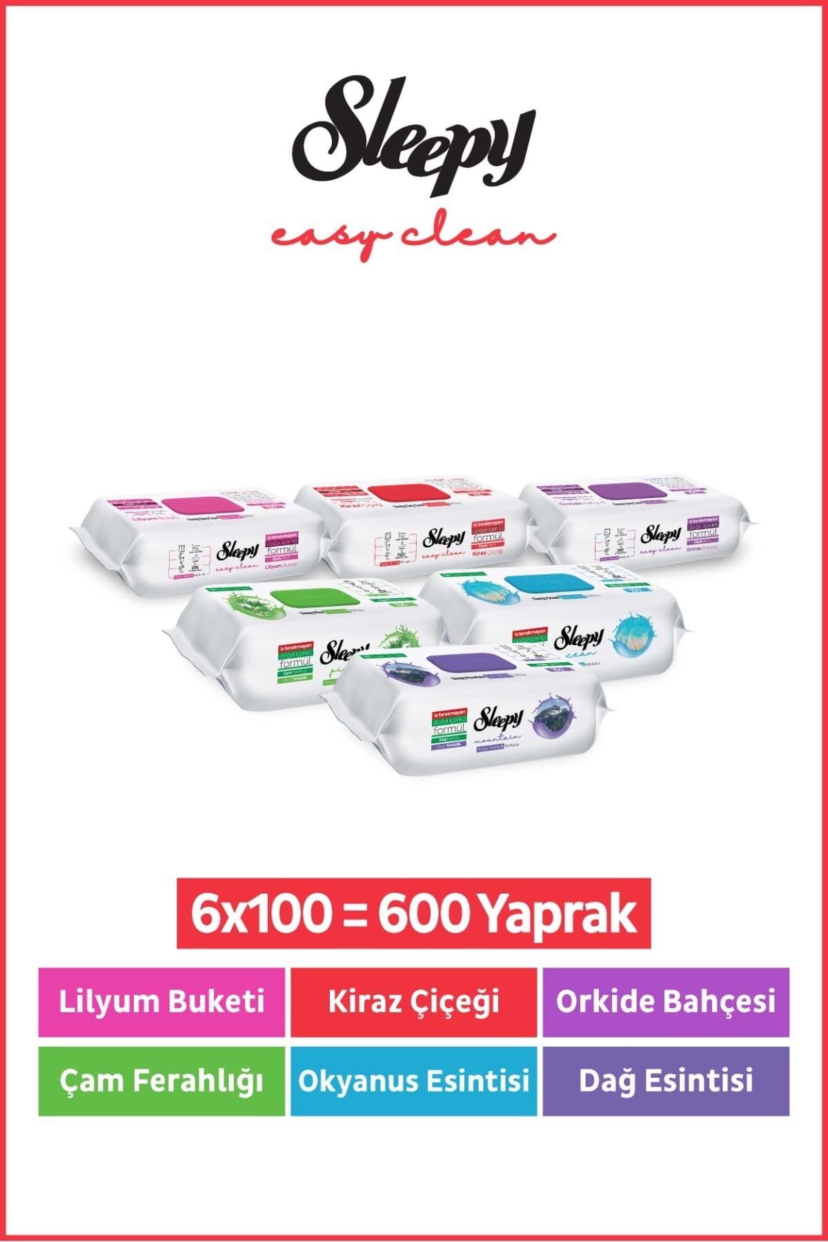 Sleepy Easy Clean Yüzey Temizlik Havlusu Mendili Doğa & Çiçek Serisi 6X100 Karma Paket