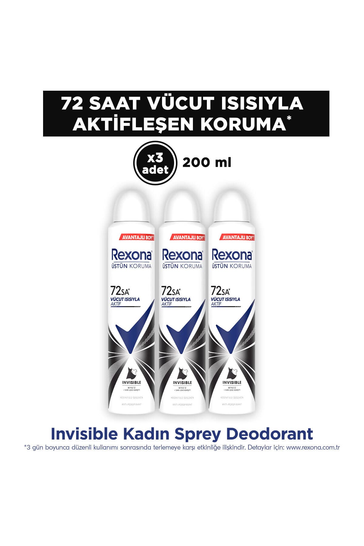 Rexona Kadın Sprey Deodorant Invisible Beyaz İz Sarı Leke Karşıtı 72 Saat Kesintisiz Üstün Koruma 20