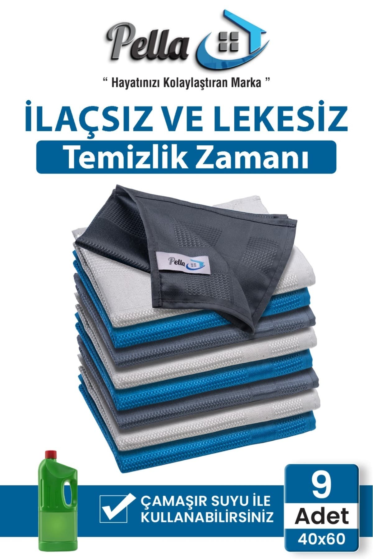 Pella 9'Lu Mikrofiber Temizlik Bezi, Cam, Araba Silme Bezi, Mutfak, Fiber Temizleme Bezi, 40x60 Cm