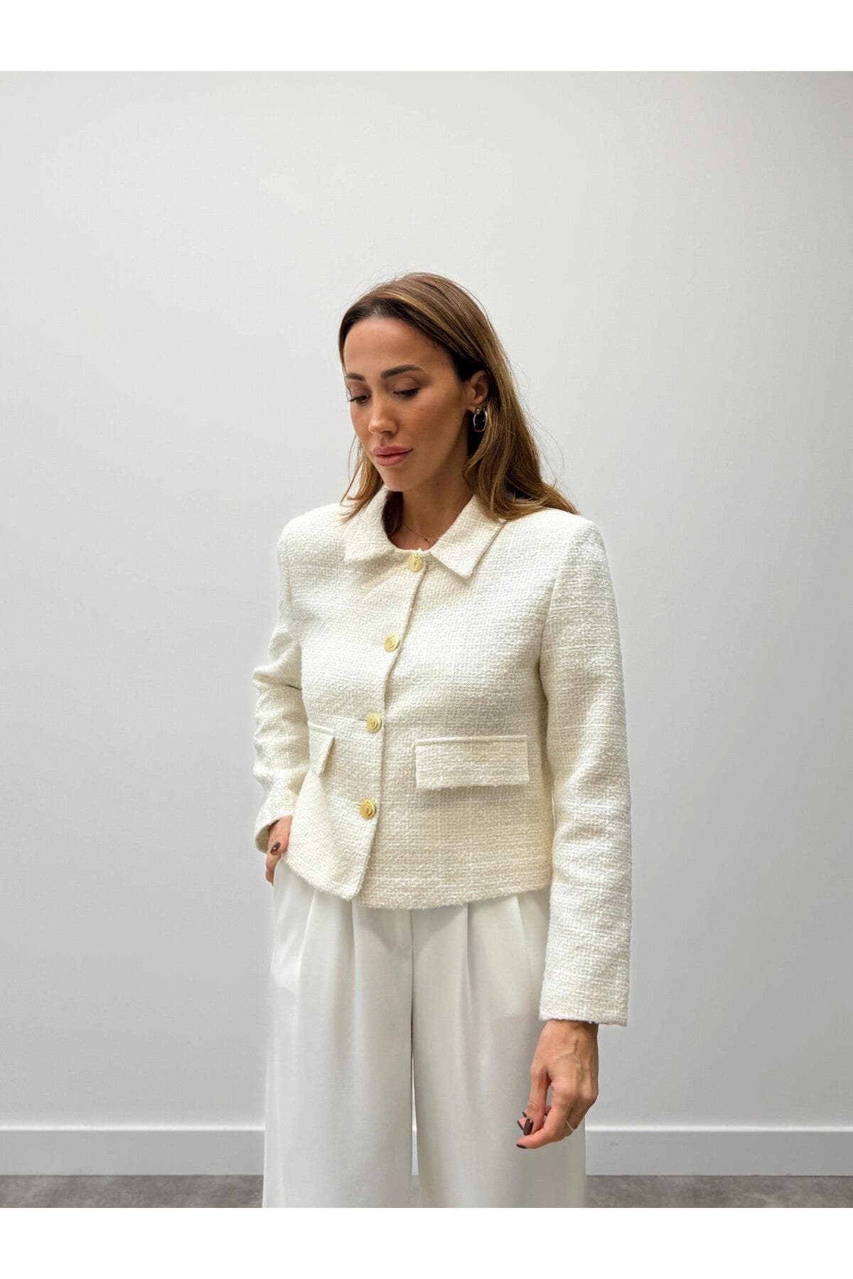 MALDİA SHOP Kadın Dore Düğmeli Blazer Beyaz Tüvit Ceket