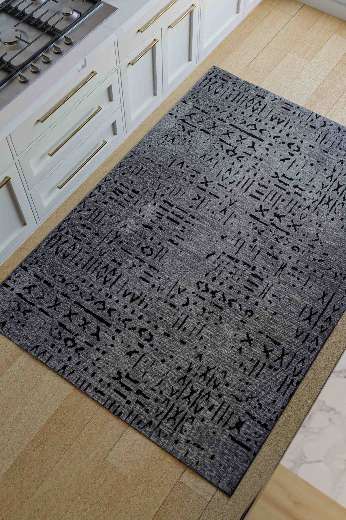 Lorente Home Moreno Viskon Dokuma Antrasit Kaymaz Taban Yıkanabilir Mutfak Halısı 1321