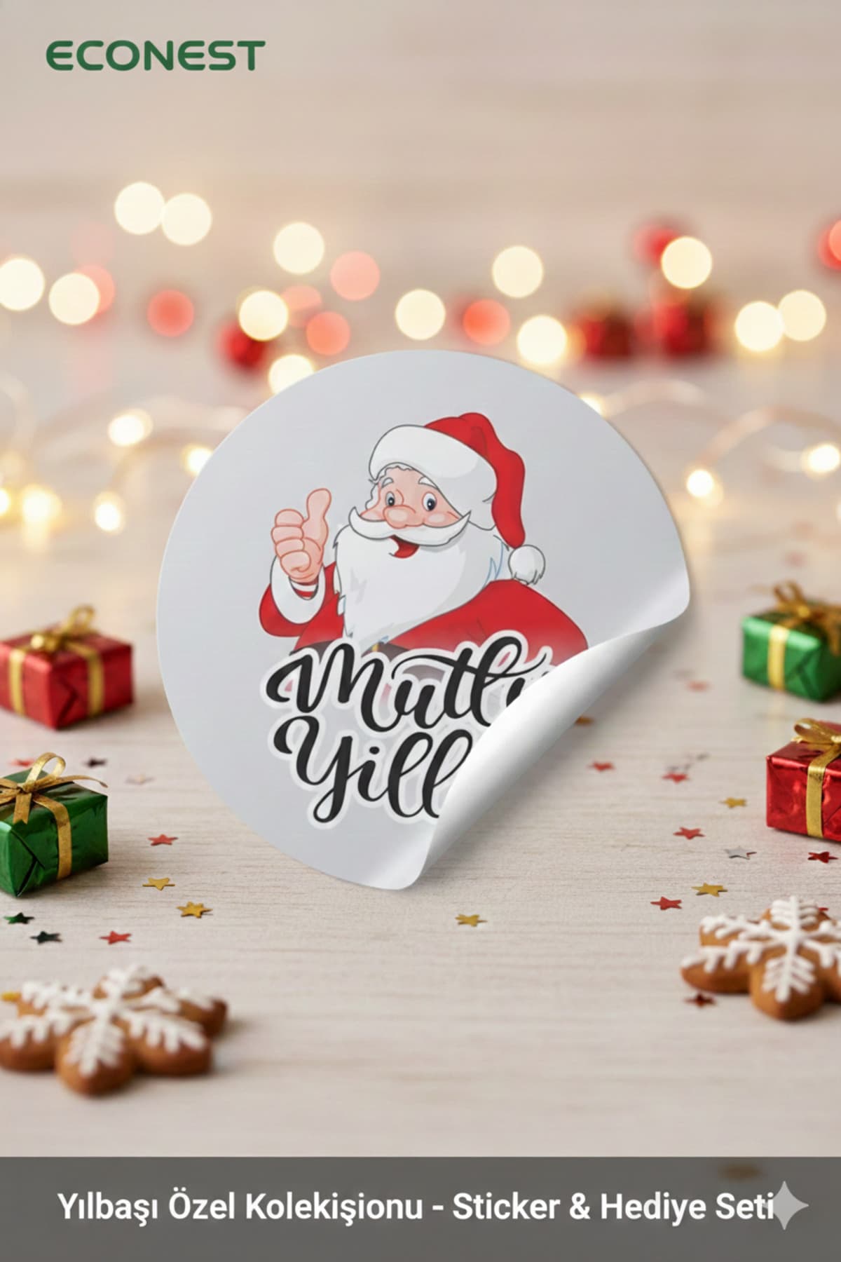 EcoNest Yılbaşı Mutlu Yıllar Yuvarlak Noel Baba Sticker 108 Adet (3,7 cm) – Kuşe – Mutlu Yıllar Etiketi