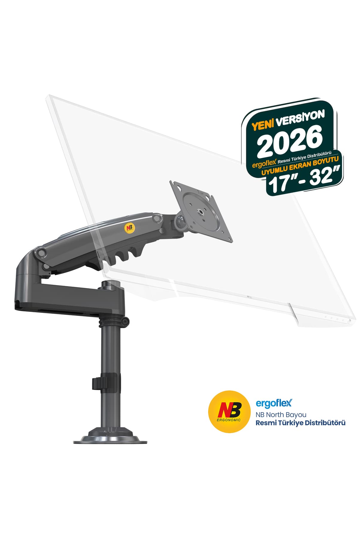 Ergoflex NB H100 17"-32" Amortisörlü Monitör Kolu 2-9 Kg Vesa Monitör Standı 2026 Versiyon