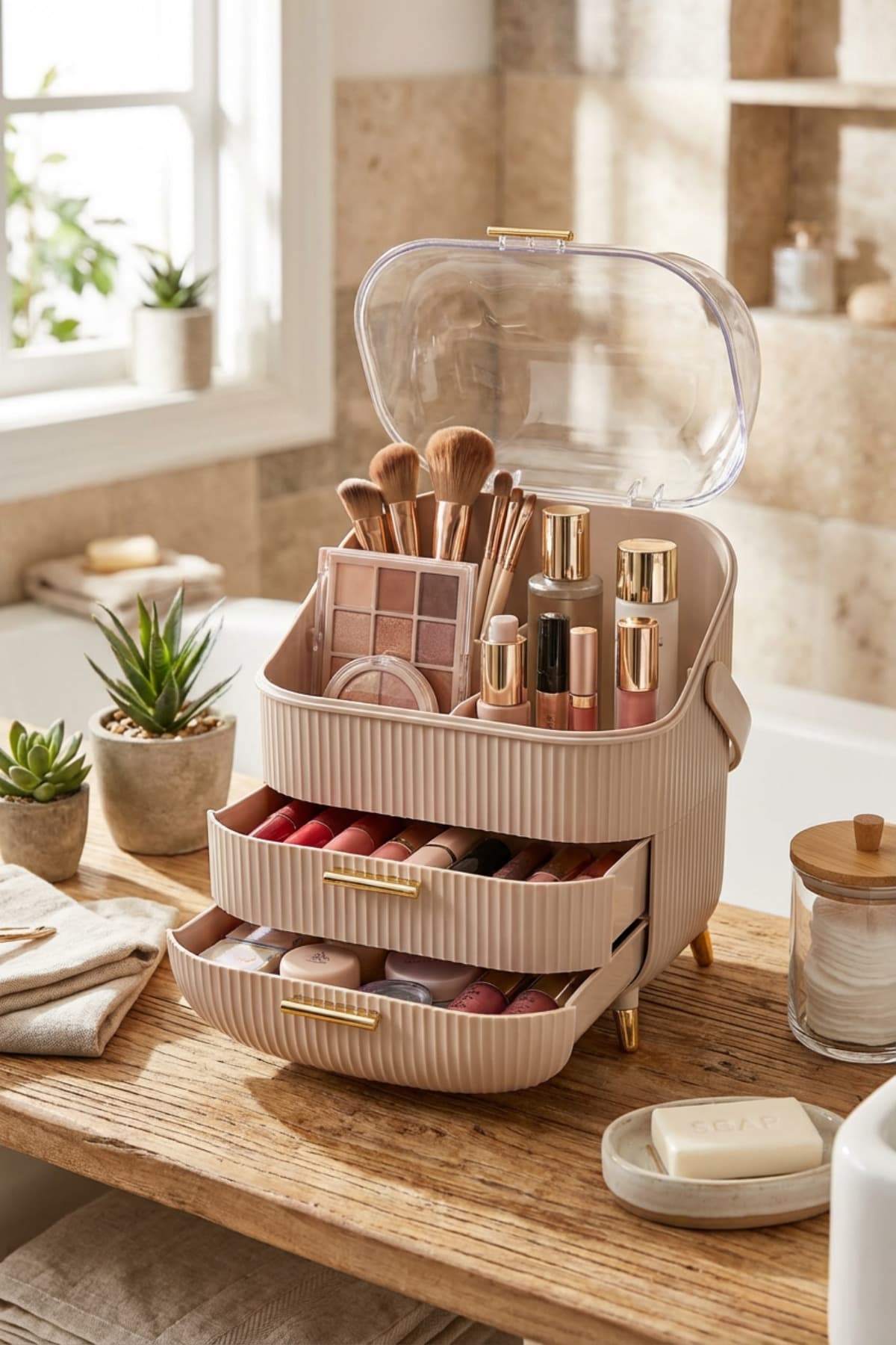 MAKRİ HOME Cappuccino Renk Kapaklı Makyaj Organizeri–3 Katlı, Şeffaf Kubbeli, Çekmeceli Düzenleyici
