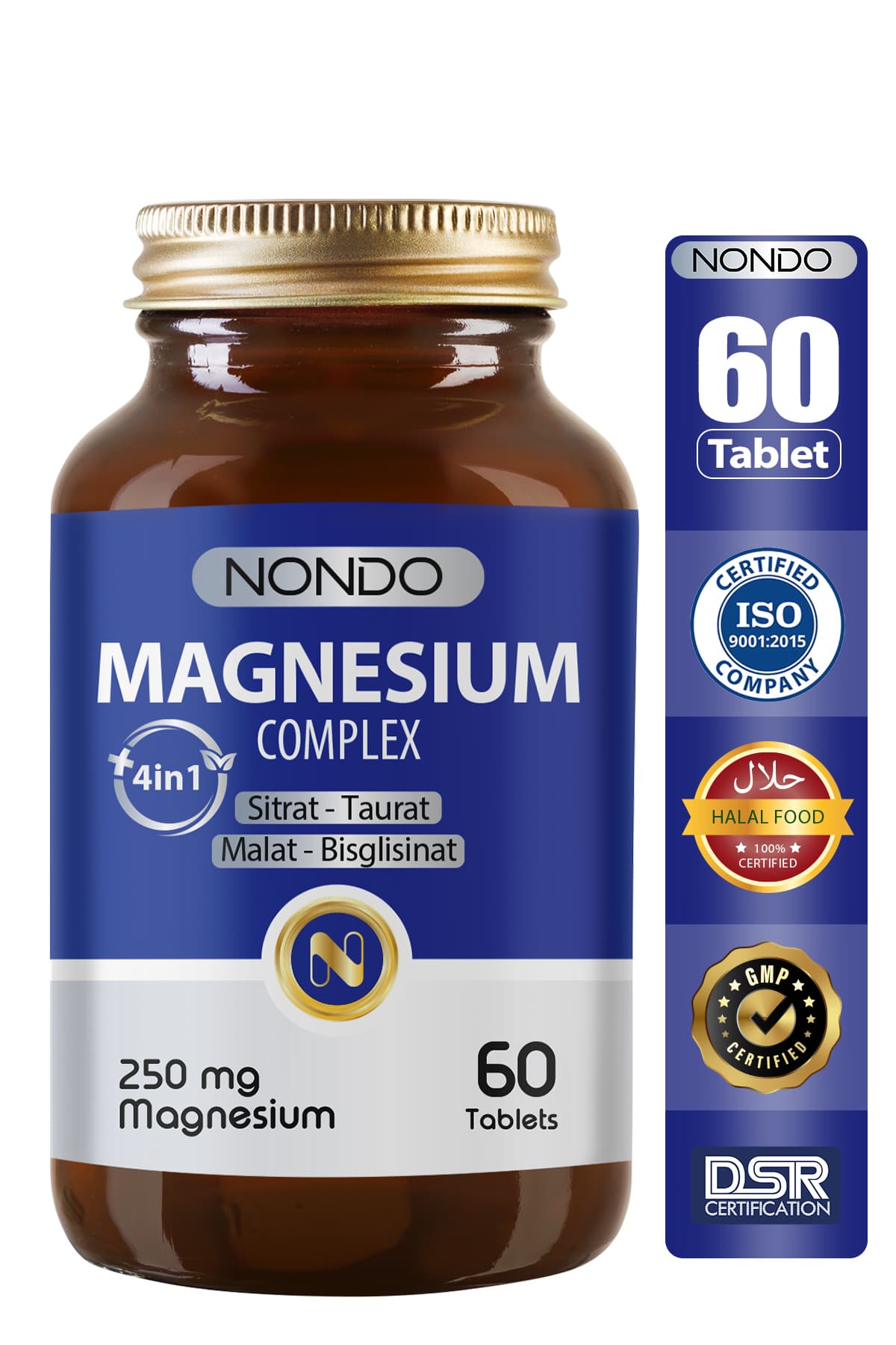 Nondo Magnezyum Kompleks 60 Tablet 250 mg 4 Form, Sitrat, Taurat, Malat, Bisglisinat, B6 Vitamini