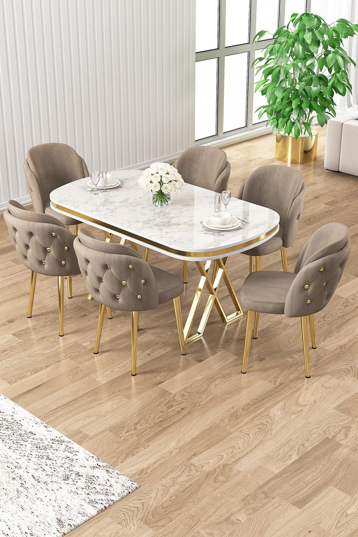 Canisa Ela Serisi Lak Panel Beyaz Mermer Desen Gold Ayak Mutfak Masa Takımı 6 Cappucino Sandalye