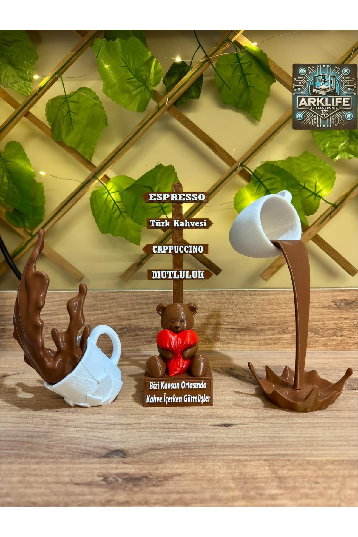ARKlife 3D Electronic Kahve Köşesi Dekoratif Aksesuar Ayıcık Tabela Beyaz Dökülen Kahve Fincanı 3lü Set Sevgiliye Hediye