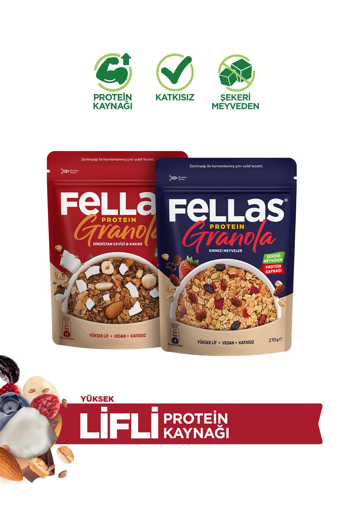 Fellas Protein Granola 2'li Mix Paket - Hindistan Cevizi & Kakao (270 g) + Kırmızı Meyveli (270 g)