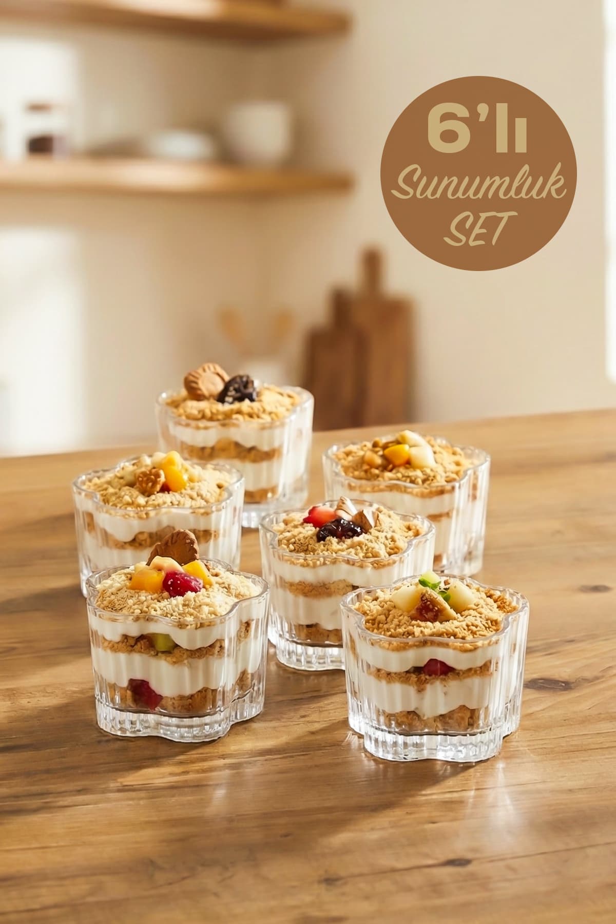 Porsima Flower 6lı Cam Puding Tatlı Dondurma Kahvaltılık Kasesi Seti Çerez Magnolya-Magnolia Sunum Kasesi