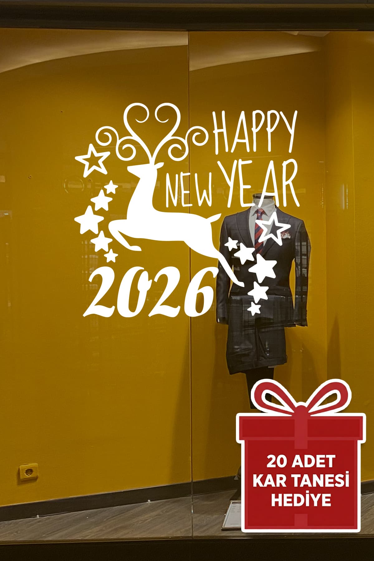 MIGNATIS Geyik Ve Happy New Year 2026 Yılbaşı Süslemeleri Yeni Yıl Vitrin Cam Sticker