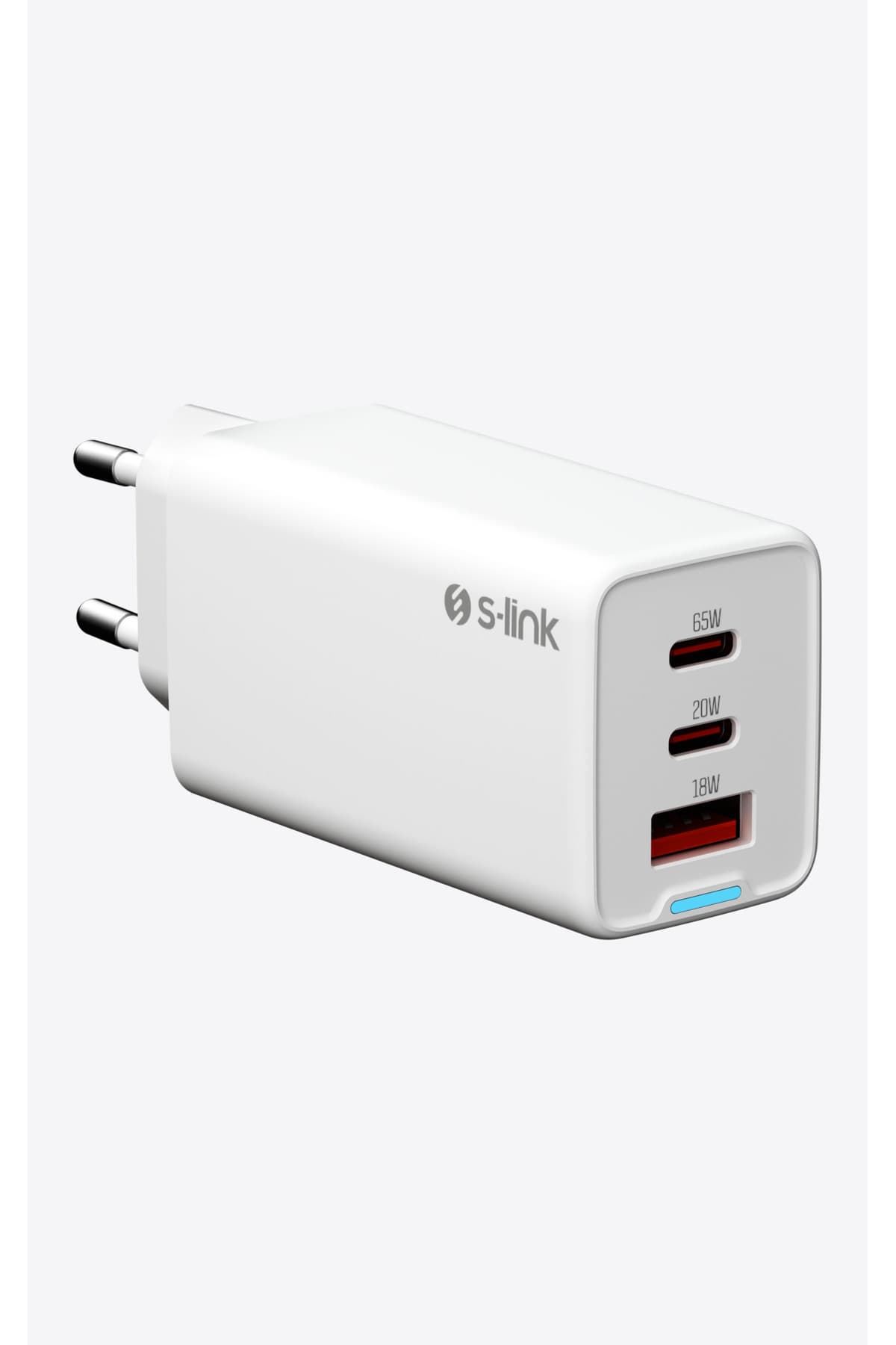 S-Link Şarj Adaptör 65W 3 Port 2xUSB-C + USB-A GAN PD QC 18W Type GAN PD/PPS Beyaz EV/NOTEBOOK