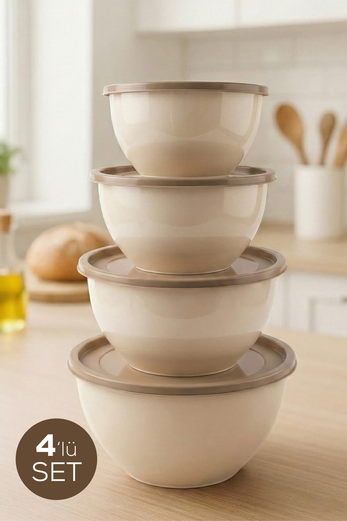 Vienev 4'lü Yuvarlak Kase Seti Bej | 1l, 1.5l, 2.3l, 3.3l | Kapaklı Çok Amaçlı Mutfak Saklama Kabı