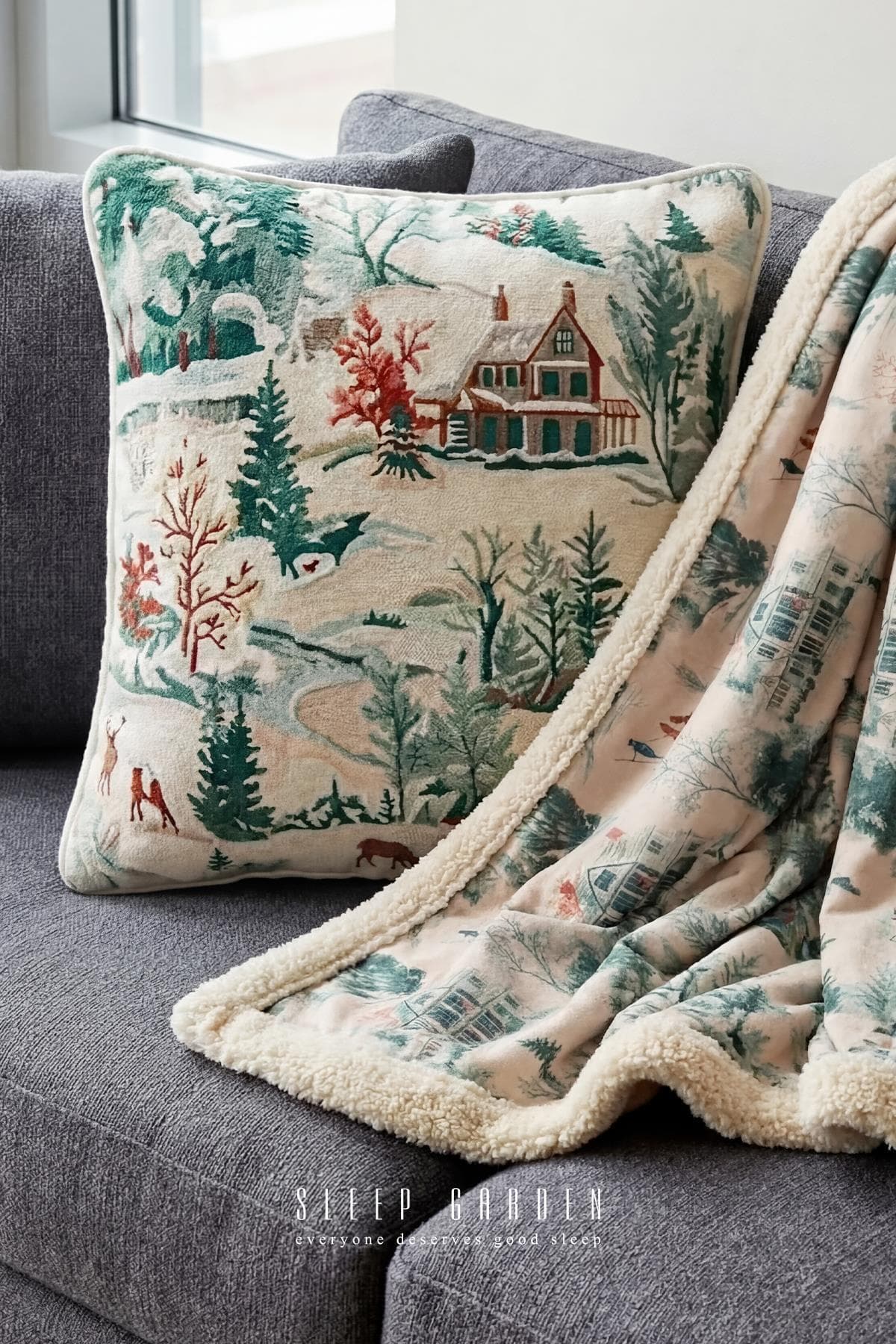 Sleep Garden Tv Battaniyesi & Kırlent Set İki Taraflı Peluş Desenli Konforlu & Şık