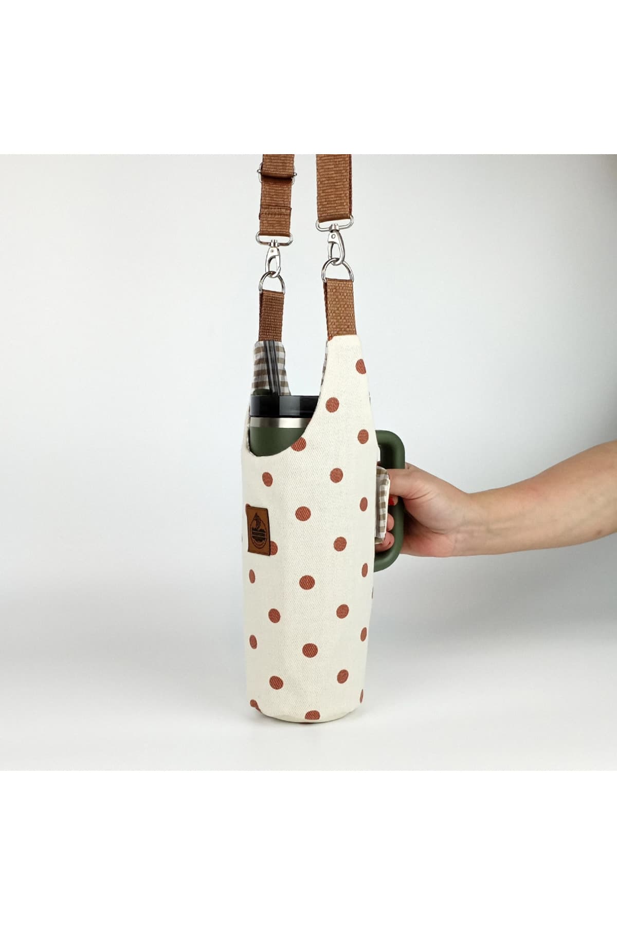 woodycord El Yapımı Krem Gabardin Puantiyeli Termos Kılıfı Kulplu Model Quencher Pipetli 1,18