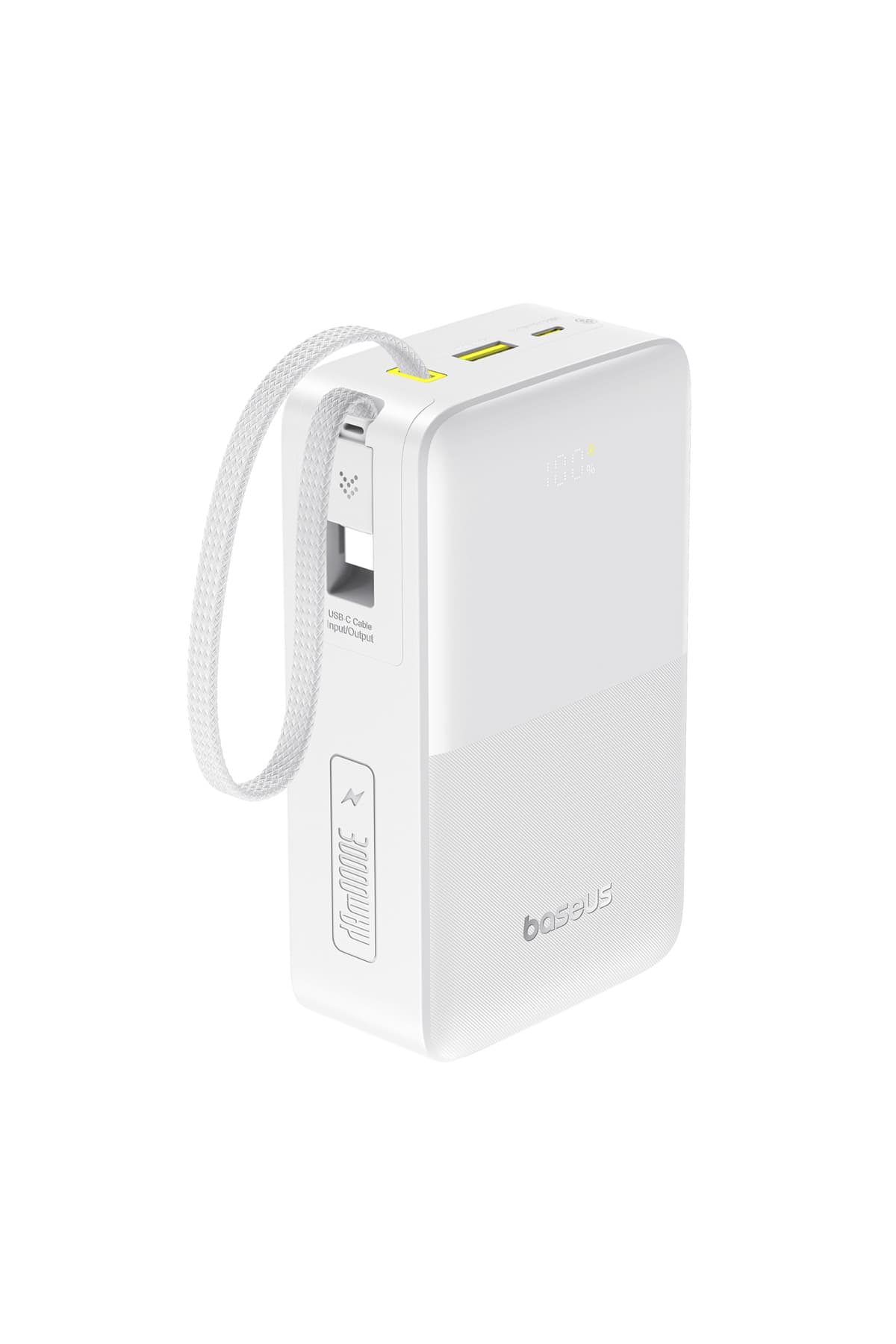 Baseus EnerFill Bipow2 Pro 30000 mAh Power Bank, Dahili USB-C Kablosu, 22.5W Hızlı Şarj, LED Ekran, Beyaz