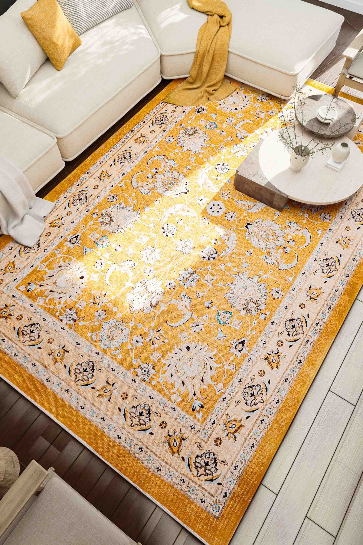 Serente Home Retro Desenli Makine Halısı Yıkanabilir Kaymaz Taban Sarı Şönil Salon Halısı 4193