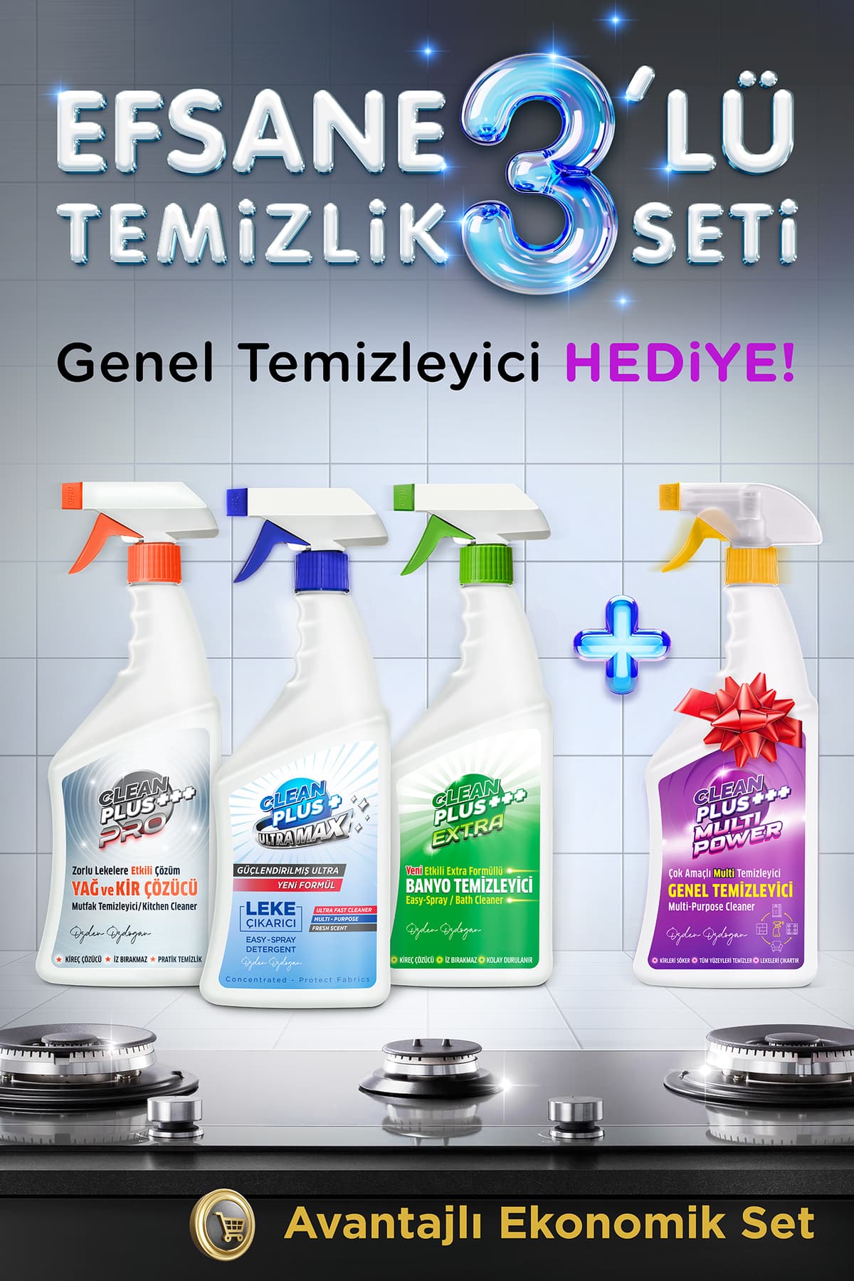 ÖZDEN ÖZDOĞAN Clean Plus Efsane 3'lü Temizlik Seti Mutfak Temizleyici, Leke Çıkarıcı Ve Banyo Temizleyici