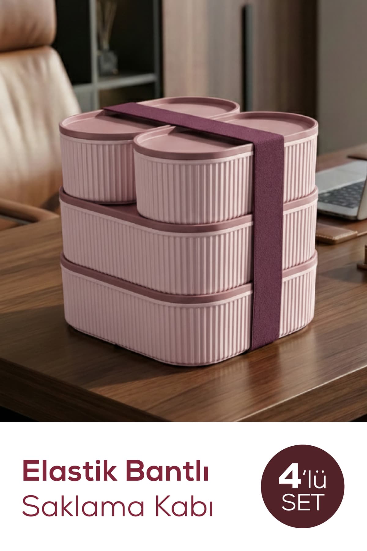 Vienev 4'lü Elastik Bantlı İstiflenebilir Pratik Saklama Kabı Seti 2x(1100 ml) 2x(2400 ml) Pembe