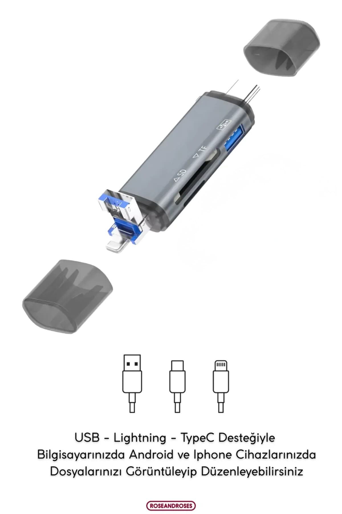 RoseandRoses İOS-Android-PC/Akıllı Telefon ve Bilgisayar Uyumlu Micro SD - TF - SD Kart - USB Dönüştürücü/Okuyucu