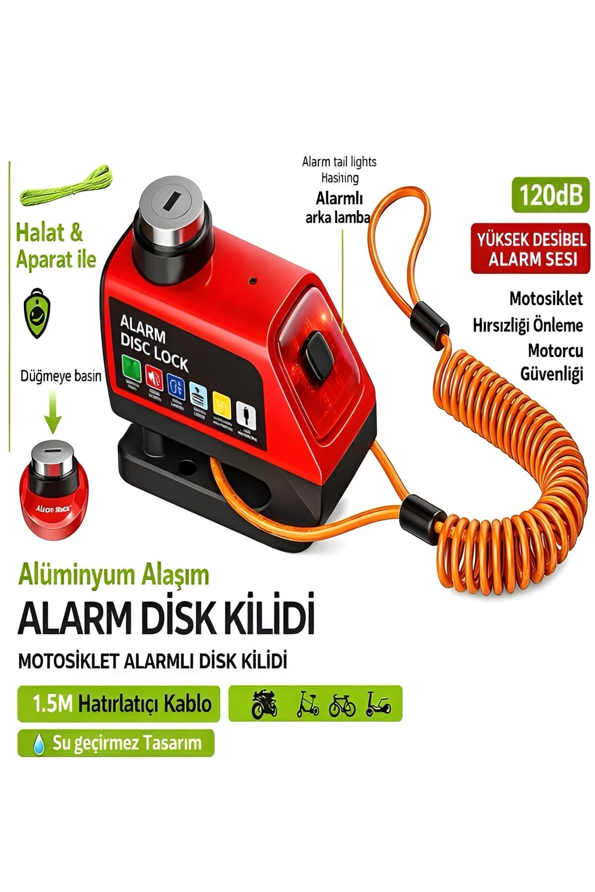 DEANB 120dB Motosiklet Disk Kilidi Alarmlı Işıklı 1.5m Hatırlatma Kablolu Alüminyum Alaşım Güvenlik Alarm