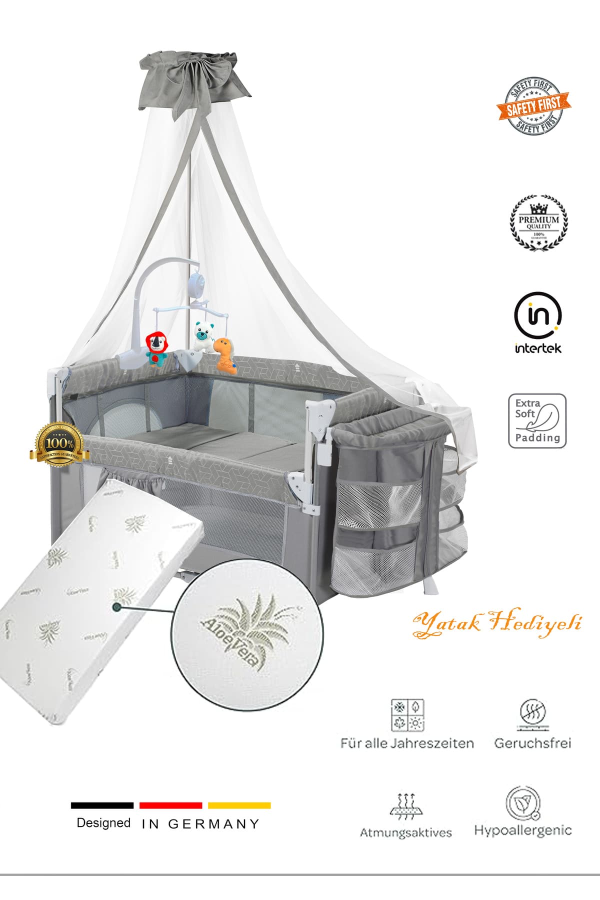 Holmer (YATAK HEDİYELİ) Oyun Parkı/ Anne Yanı/Park Yatak Cibinlikli Dönenceli 70x110cm GRİ