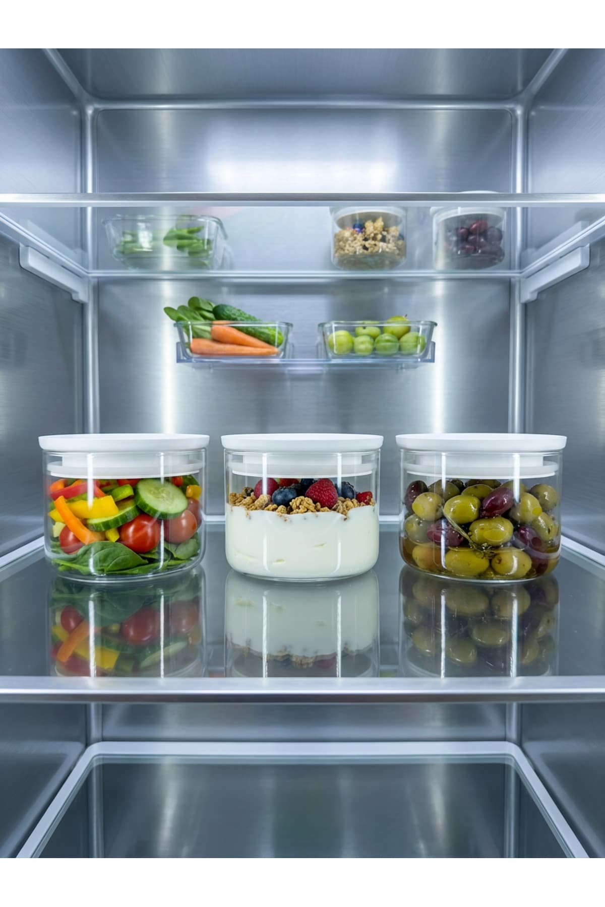 Countra 3'lü Vakum Kapaklı Cam Kahvaltılık Saklama Kabı Beyaz Kapak Şeffaf Tasarım 365 ml