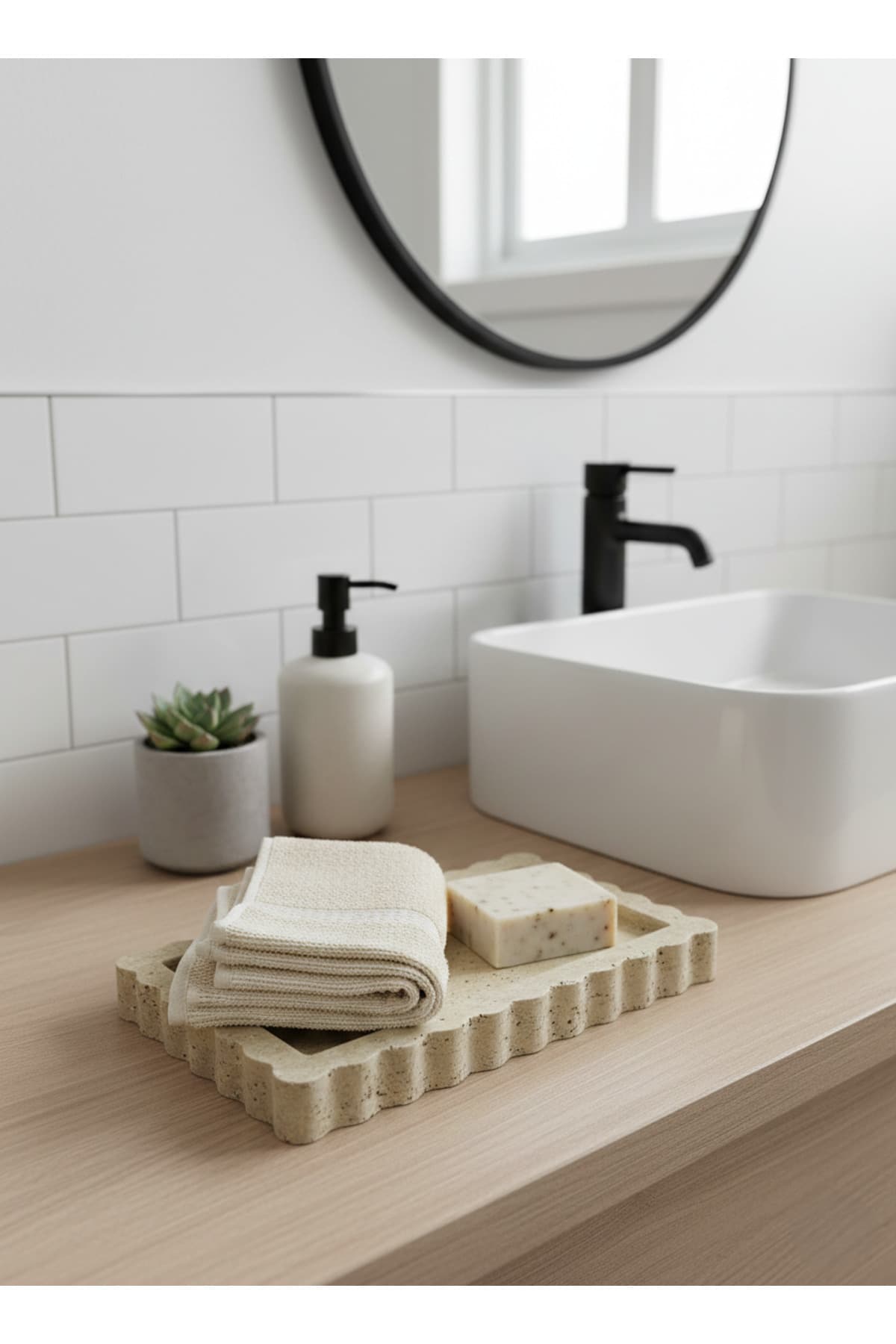 FARALYAHOME Doğal Traverten Mermer Tepsi, Banyo Düzenleyici, Sunum Tabağı Kenar Detaylı
