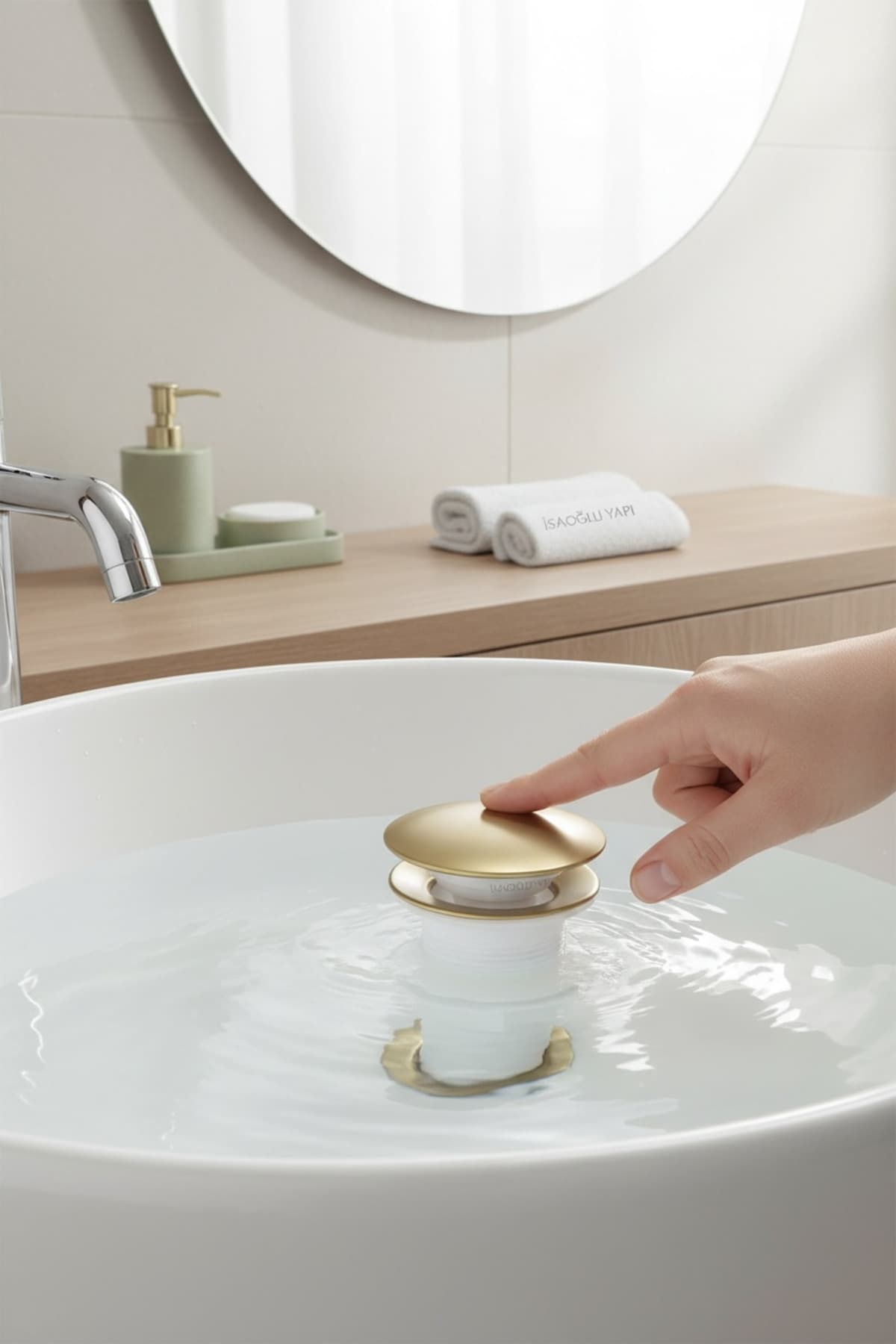 İSAOĞLU YAPI Lavabo Sifonu Mat Altın Bas Bırak Sistem Lavabo Ortası Gider Sifonu Mat Gold