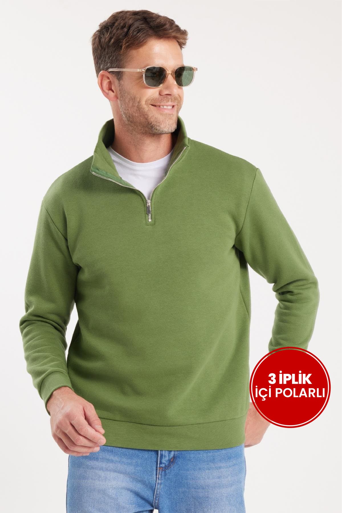 Tudors Unisex Relax Fit Rahat Kesim Pamuklu İçi Polarlı Yarım Fermuarlı Yeşil Dik Yaka Sweatshirt