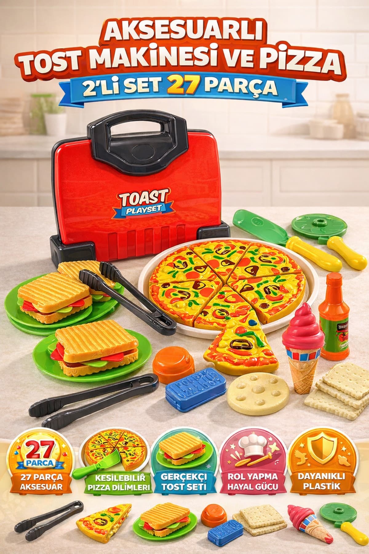YILDIRIM OYUNCAK 25 cm Tost Makinesi ve Pizza Aksesuarlı 2'li Set Evcilik Mutfak Seti Aksesuarlı 27 Parça